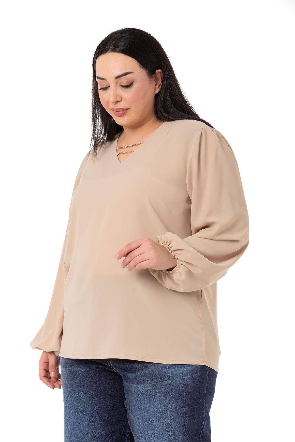DISENTIS MODEST-Plus Size Beige Blouse with Chain Detail on Collar and Elastic Sleeves 5