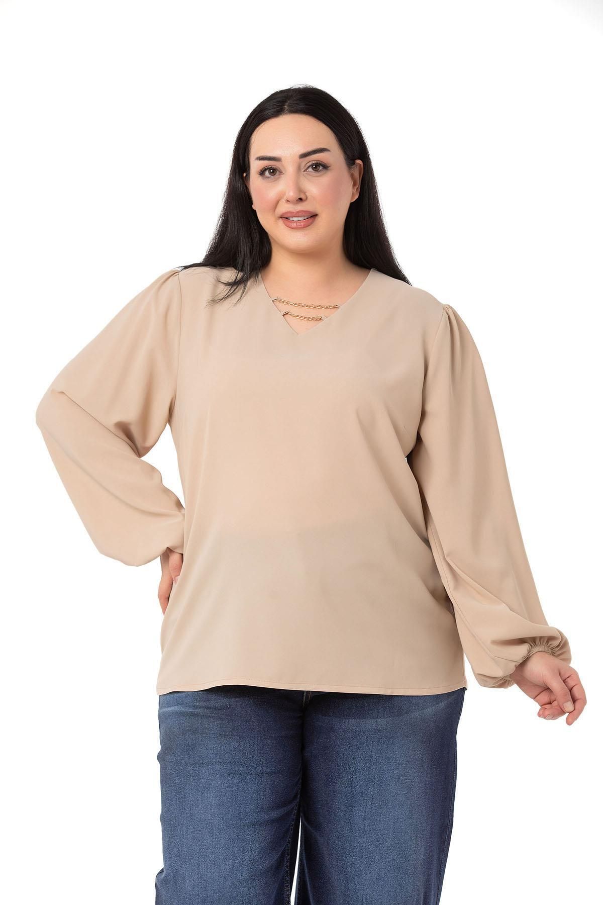 DISENTIS MODEST-Plus Size Beige Blouse with Chain Detail on Collar and Elastic Sleeves 1