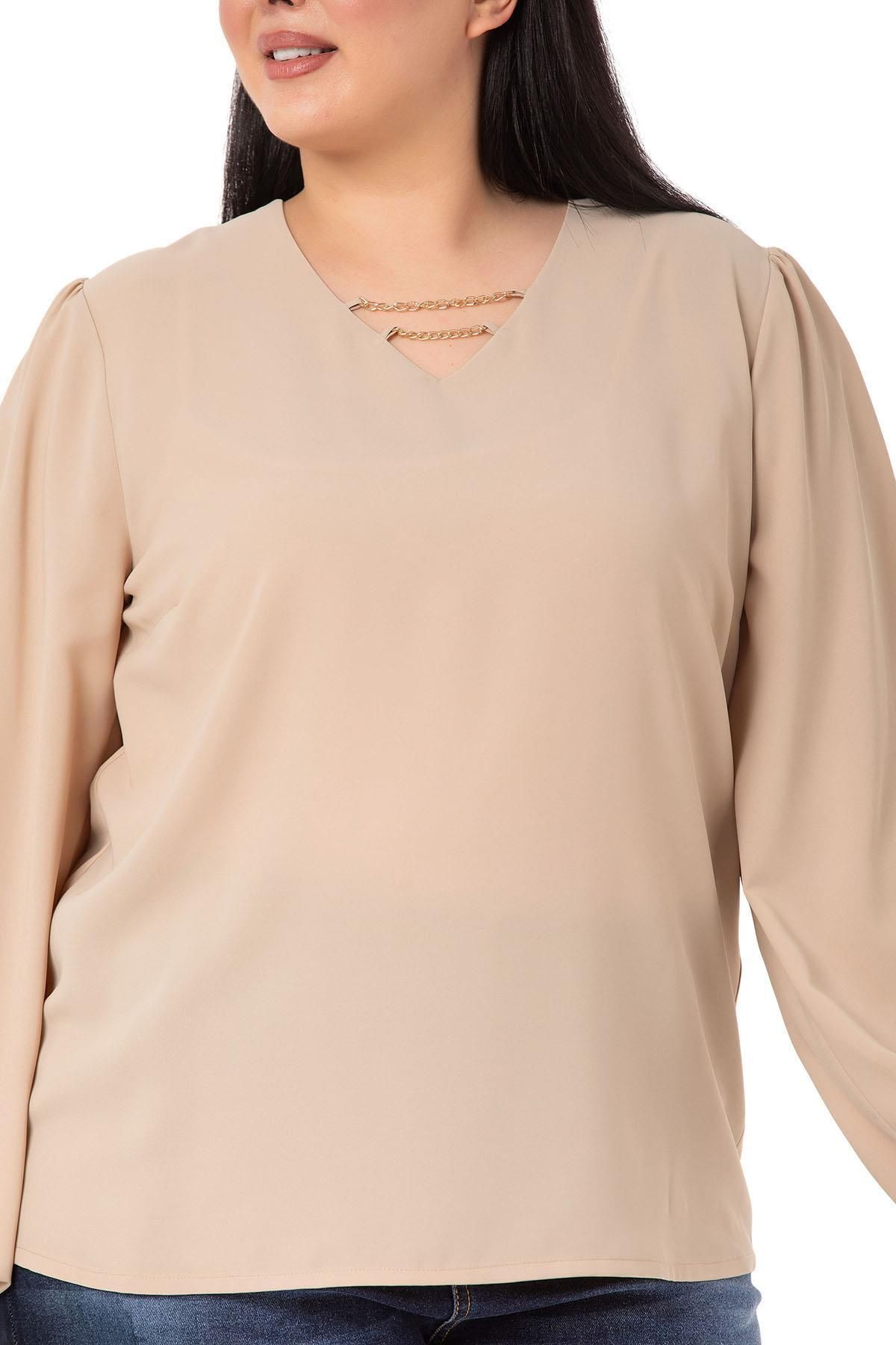 DISENTIS MODEST-Plus Size Beige Blouse with Chain Detail on Collar and Elastic Sleeves 4