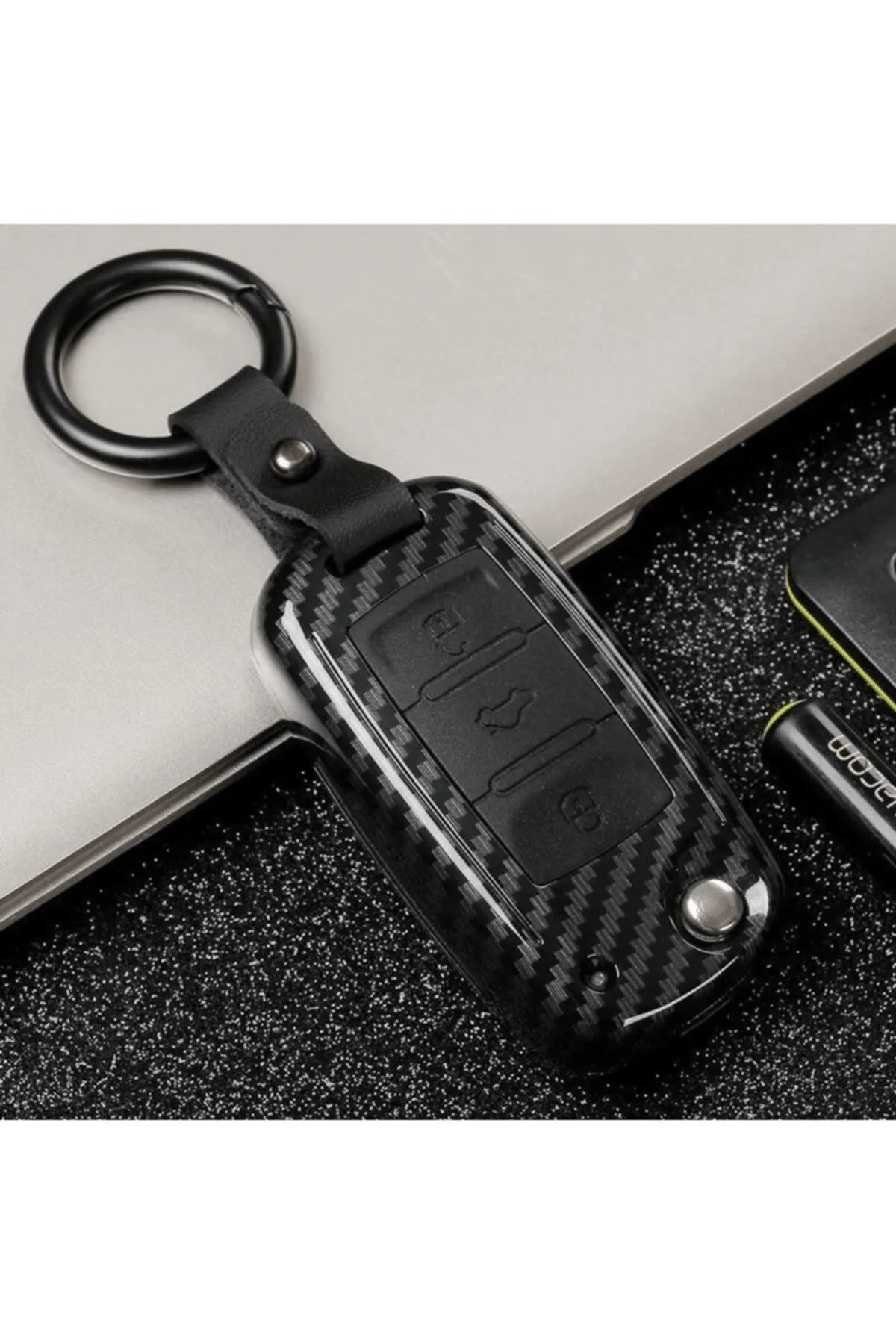 bigkey Volkswagen JETTA  , POLO , GOLF -Seat-Skoda Sustalı Siyah Karbon Anahtar Kılıfı UDS 3 BUTON