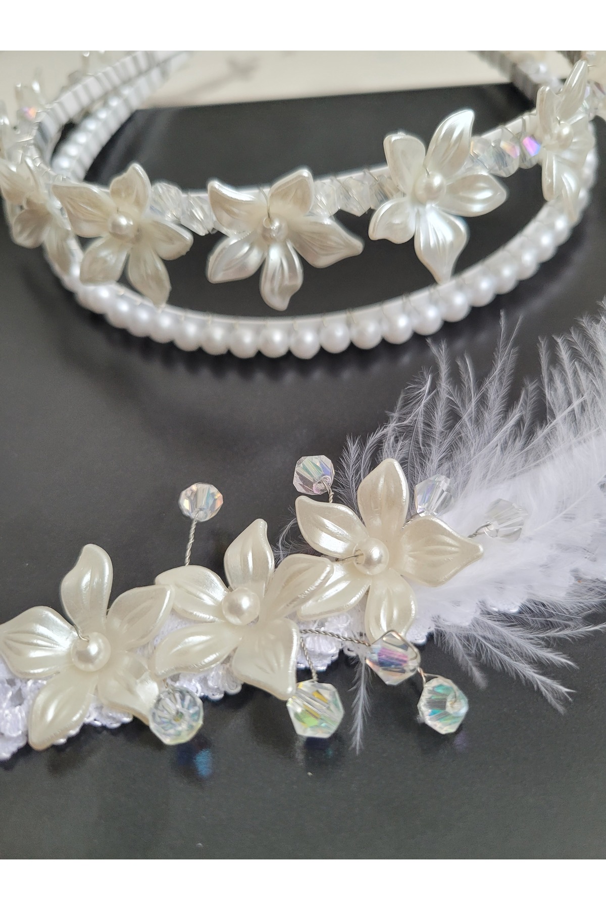 Stilo Hüner Aksesuar Kadın 2'li Incili Çiçekli Anne Bebek Taç Bandana Lohusa Seti fotoğrafı 2 (önizleme)