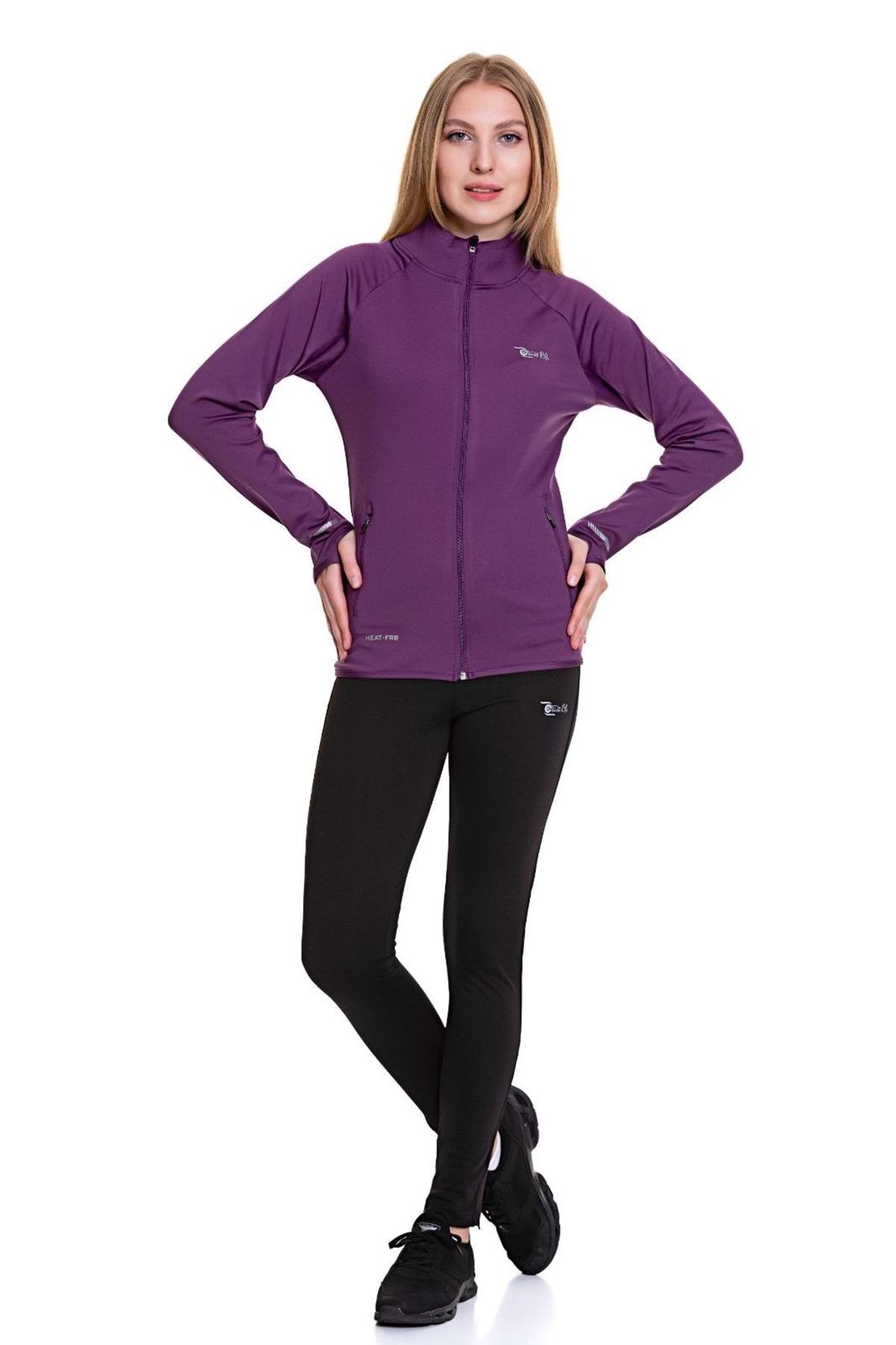 FEROBİ-Women's Zippered Lycra Knee-Free Diving Tracksuit Set Purple 3