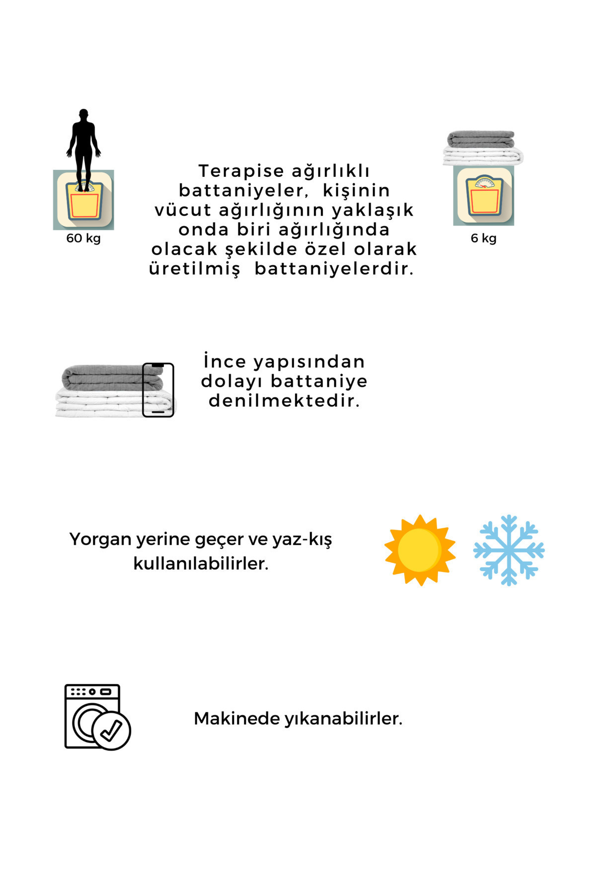 Terapise Ağırlıklı Terapi Yorganı / Battaniyesi 3 Kg, Beyaz, Dört Mevsim Kullanılabilir, 100x150cm %100 Pamuk fotoğrafı 6 (önizleme)