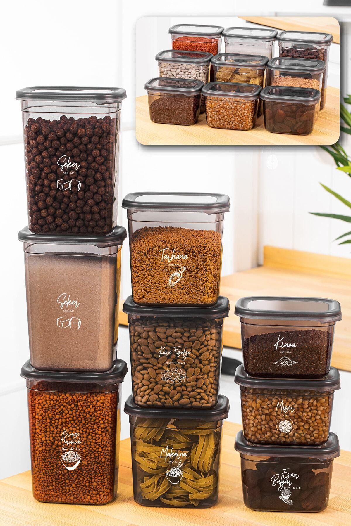 Vienev-Set of 9 Peggy Rectangular Storage Containers with White Screen Printing Label 3x(1500-1150-800 Ml) Anthracite 3