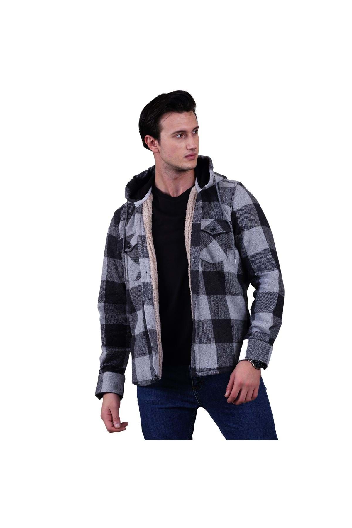 Exve Exclusive Black Gray Plaid Checkerboard Checkered Hooded Wool