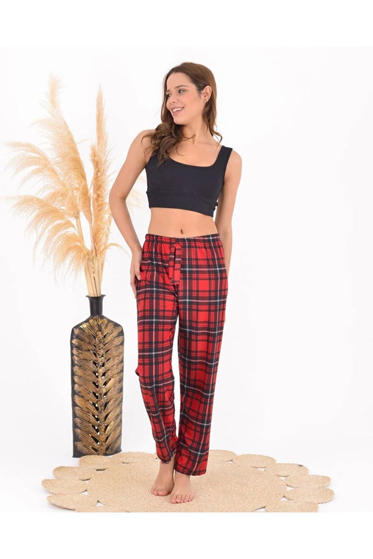 marlo Women s Pajama Bottoms Plaid Red Black Patterned Combed Cotton Trendyol