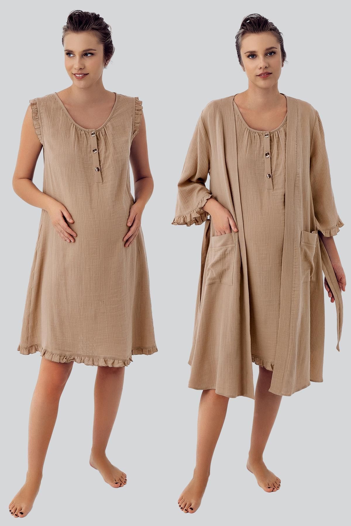Artış-Double Layer Muslin Cotton Buttoned Maternity Dressing Gown Nightgown Set 1