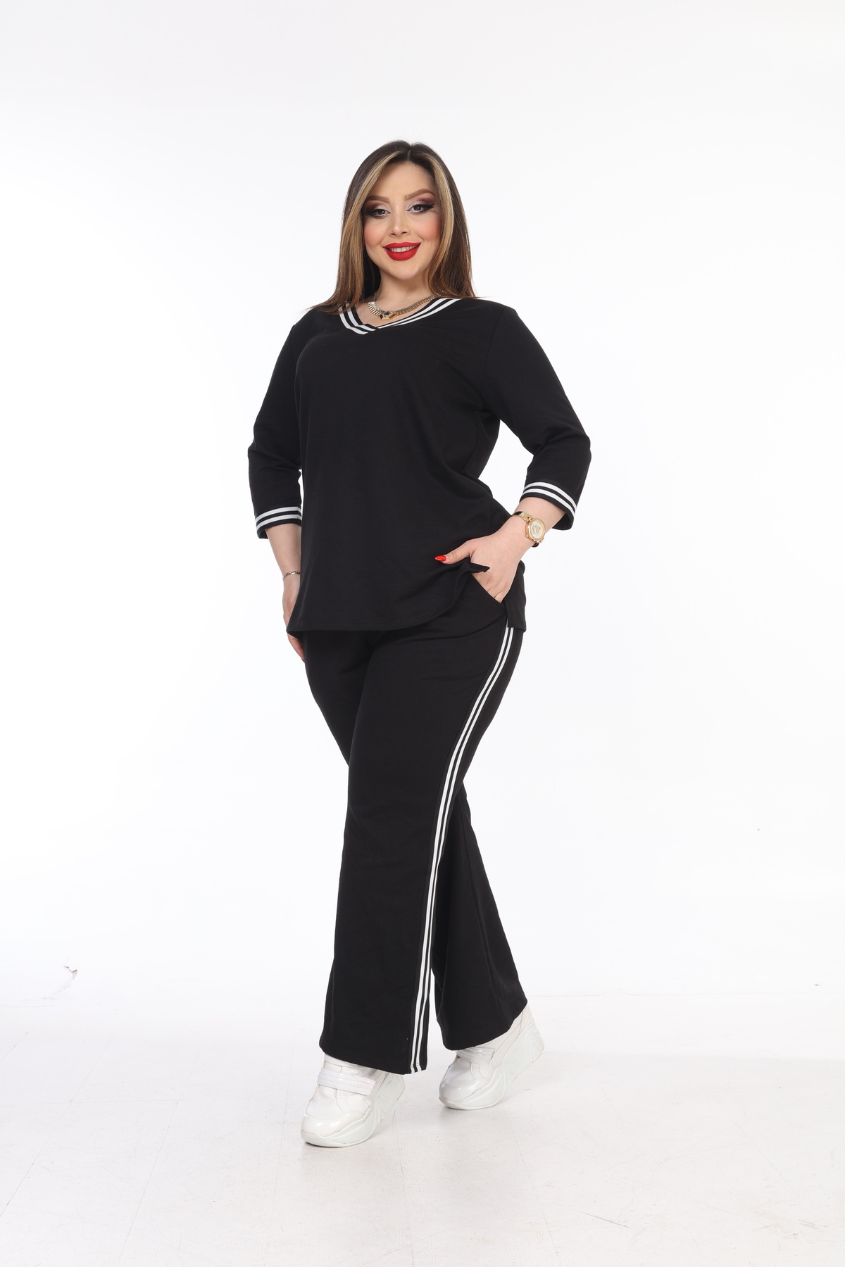 MJORA Büyük Beden Şeritli Alt-Üst Örme Takım