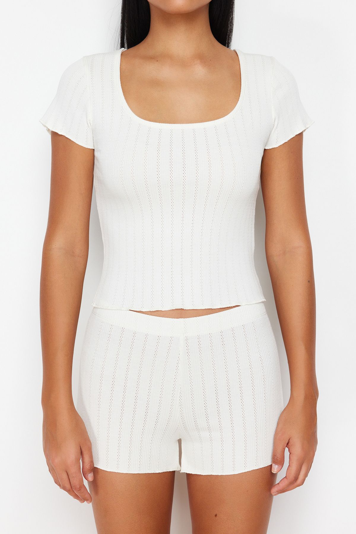 Trendyol Collection-Ecru Corded Openwork/Hole Knitted Pajamas Set THMSS24PT00154 4