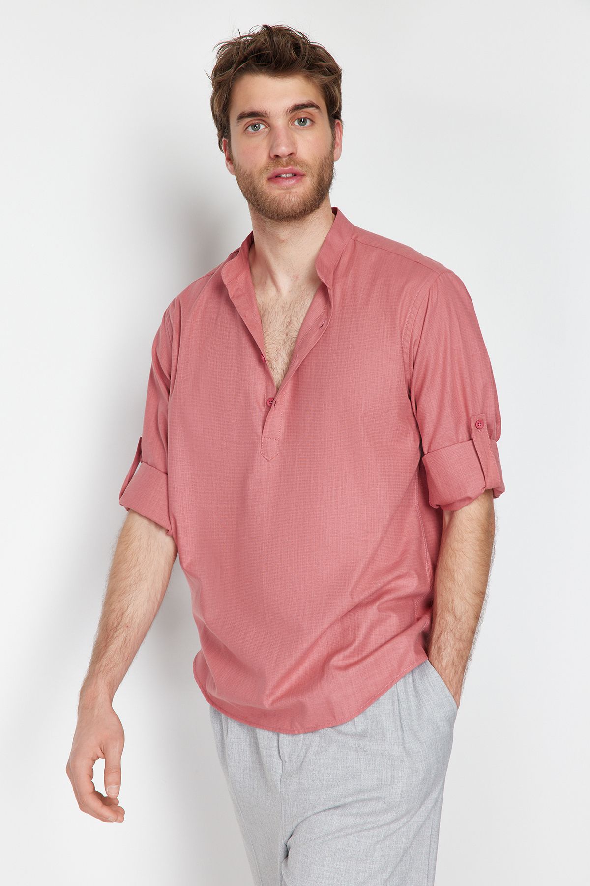 Trendyol Collection-Πουκάμισο με επωμίδες με γιακά Dusty Rose - Κανονική εφαρμογή TMNSS24GO00039 2