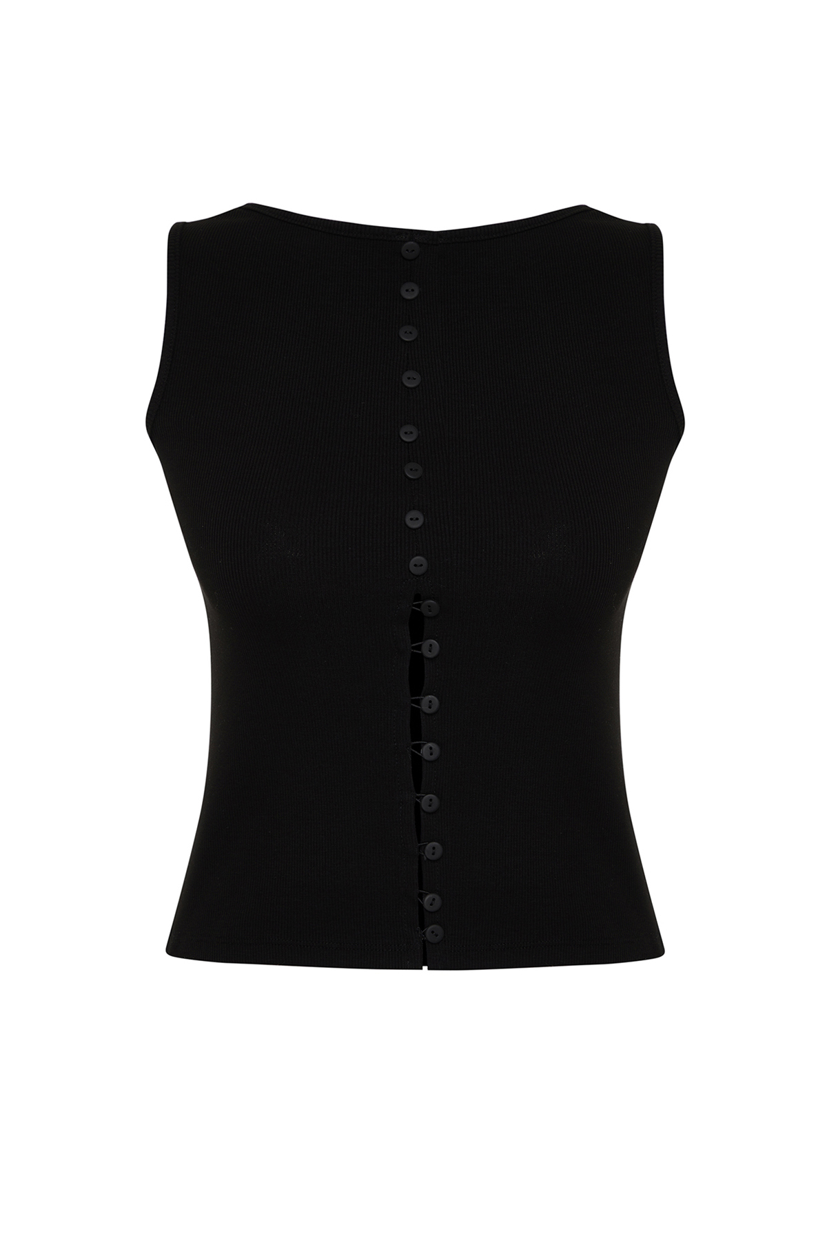 Trendyolmilla  Siyah Düğmeli Fitted/Vücuda Oturan Fitilli Esnek Örme Bluz TWOSS24BZ00306 - Görsel 7