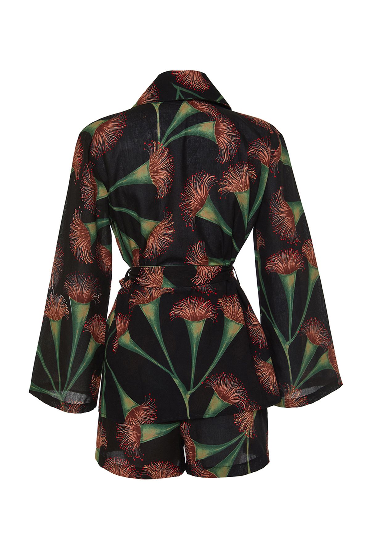 Trendyol Collection-Floral Print Belted Woven 100% Cotton Kimono Shorts Beach Suit Tbess24Au00012 8