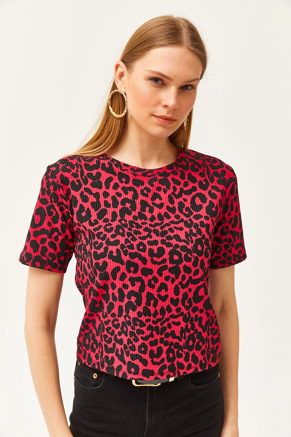 Olalook-Dámske pletené tričko s leopardím fuchsiovým káblom TSH-19000328 5