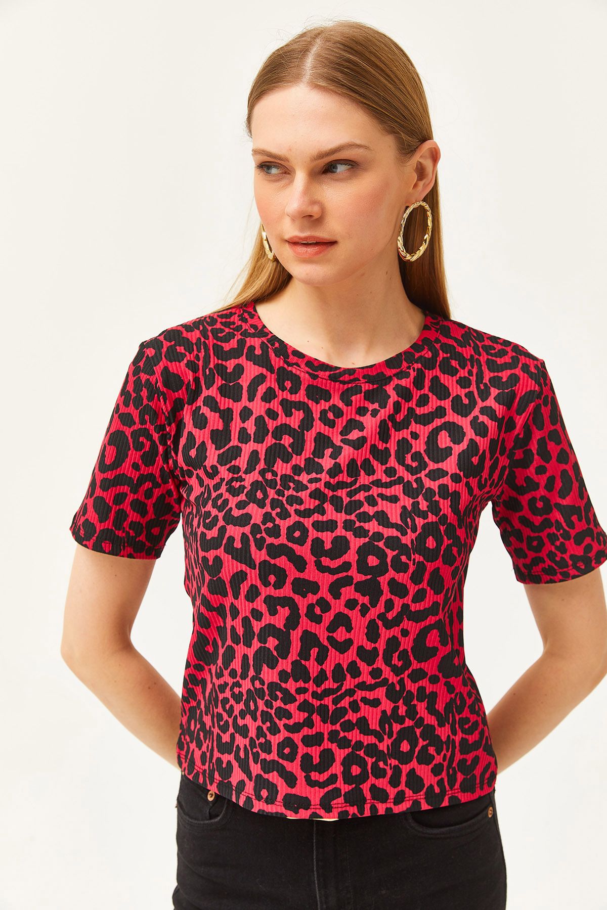 Olalook-Dámske pletené tričko s leopardím fuchsiovým káblom TSH-19000328 3
