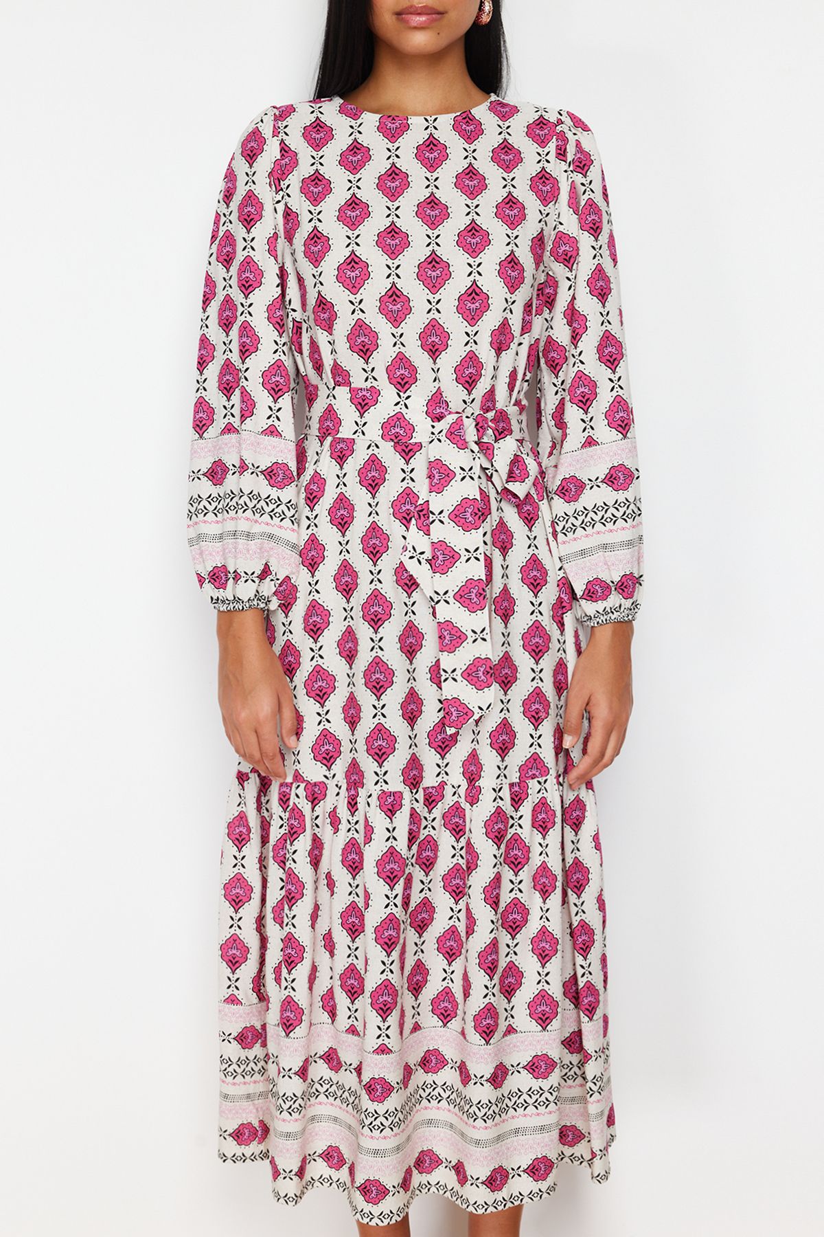 Trendyol Modest-Gewebtes Kleid in Leinenoptik mit ethnischem Muster in Fuchsia TCTSS24EB00062 4