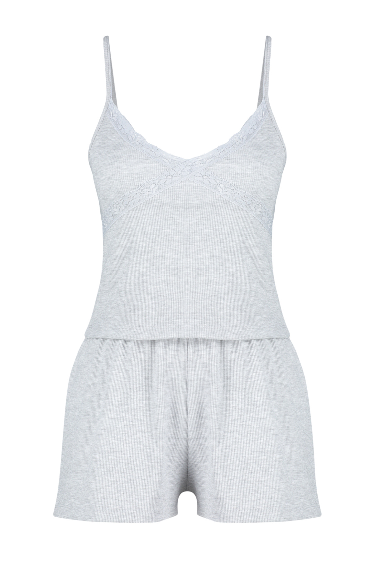 Trendyolmilla  Gri Melanj Dantelli İp Askılı Fitilli Şortlu Örme Pijama Takımı THMSS24PT00080 - Görsel 7