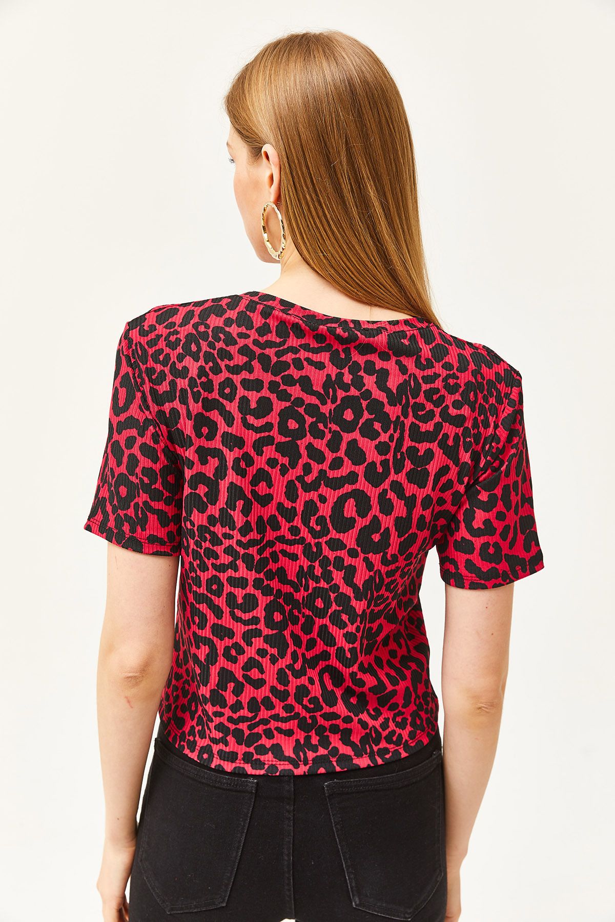 Olalook-Dámske pletené tričko s leopardím fuchsiovým káblom TSH-19000328 6
