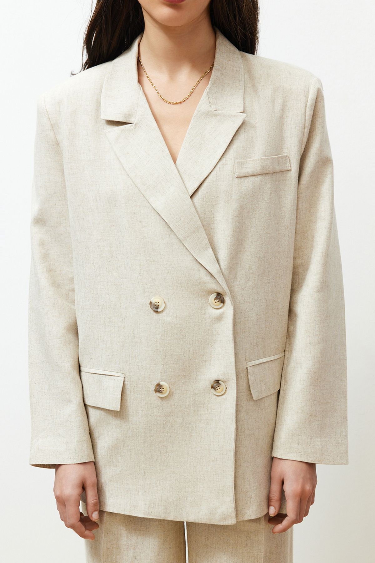 Trendyol Collection-Beigefarbener Blazer aus Baumwoll-Leinengewebe mit zweireihigem Verschluss TWOSS24BC00018 5