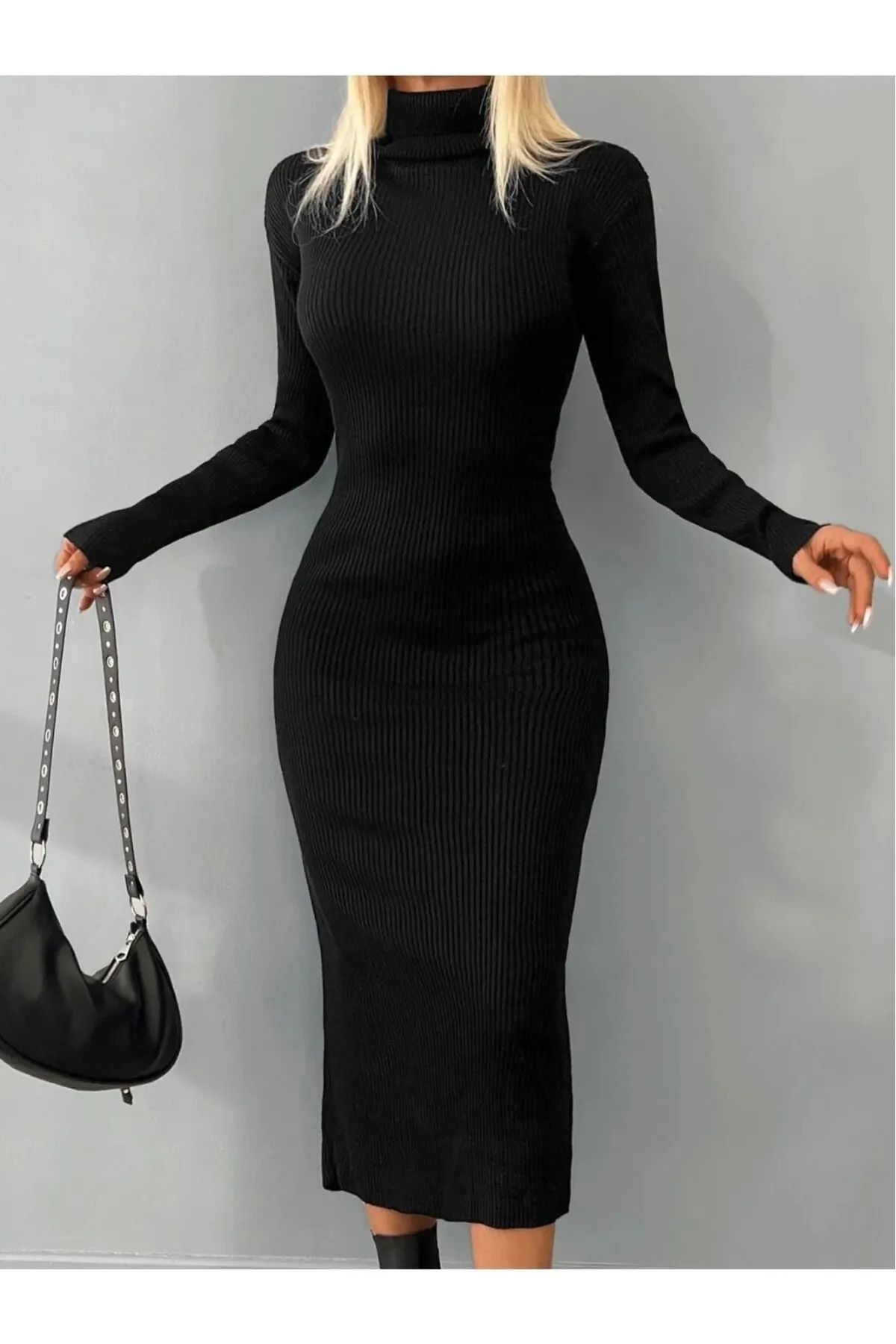 robe crayon ajustée en tricot à col roulé et longueur moyenne