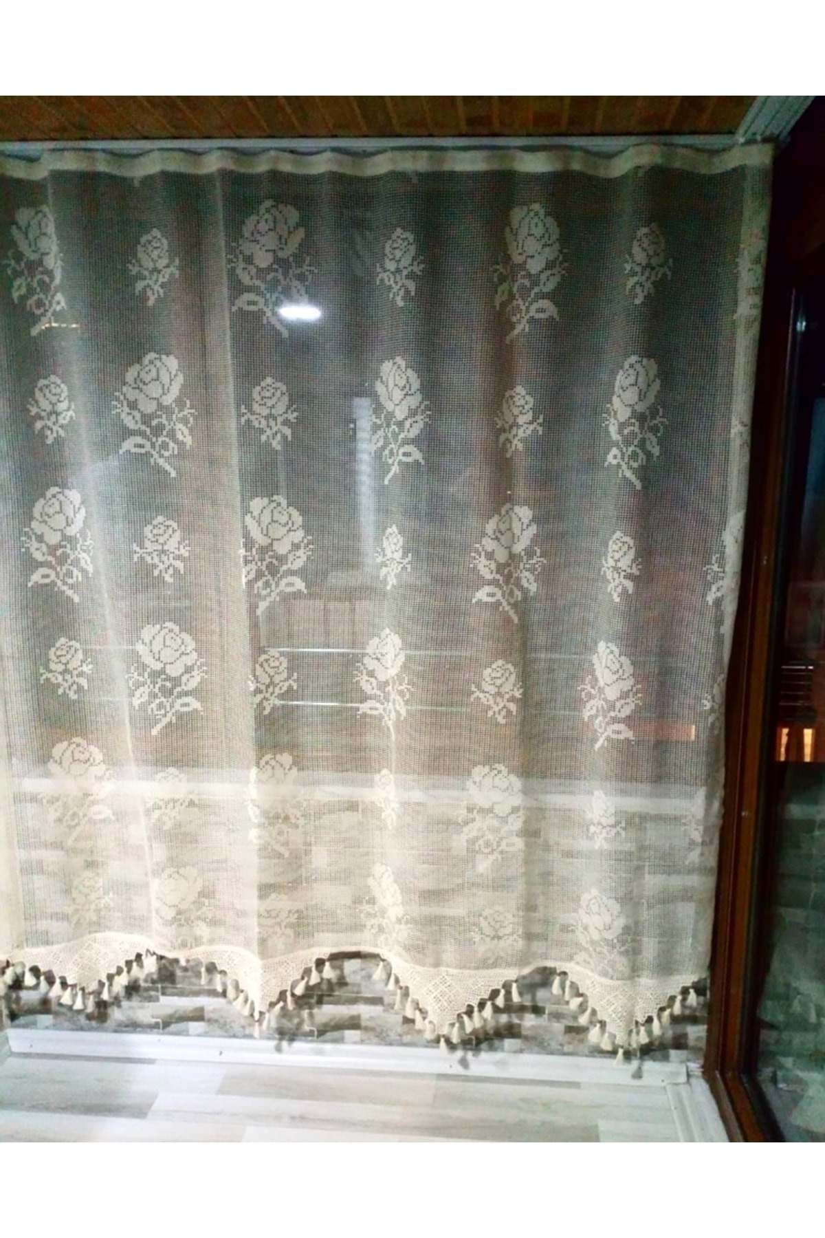 Buldan Tulle Curtain Handcrafted Lace Natural Rose Flower Pattern(190X200)