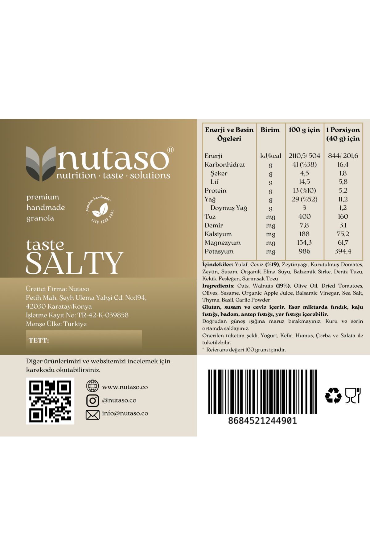 nutaso nutrition taste solutions-Salty Granola - Walnut, Dried Tomatoes and Olives (320g) (No Adding Sugar, No Preservative) 6