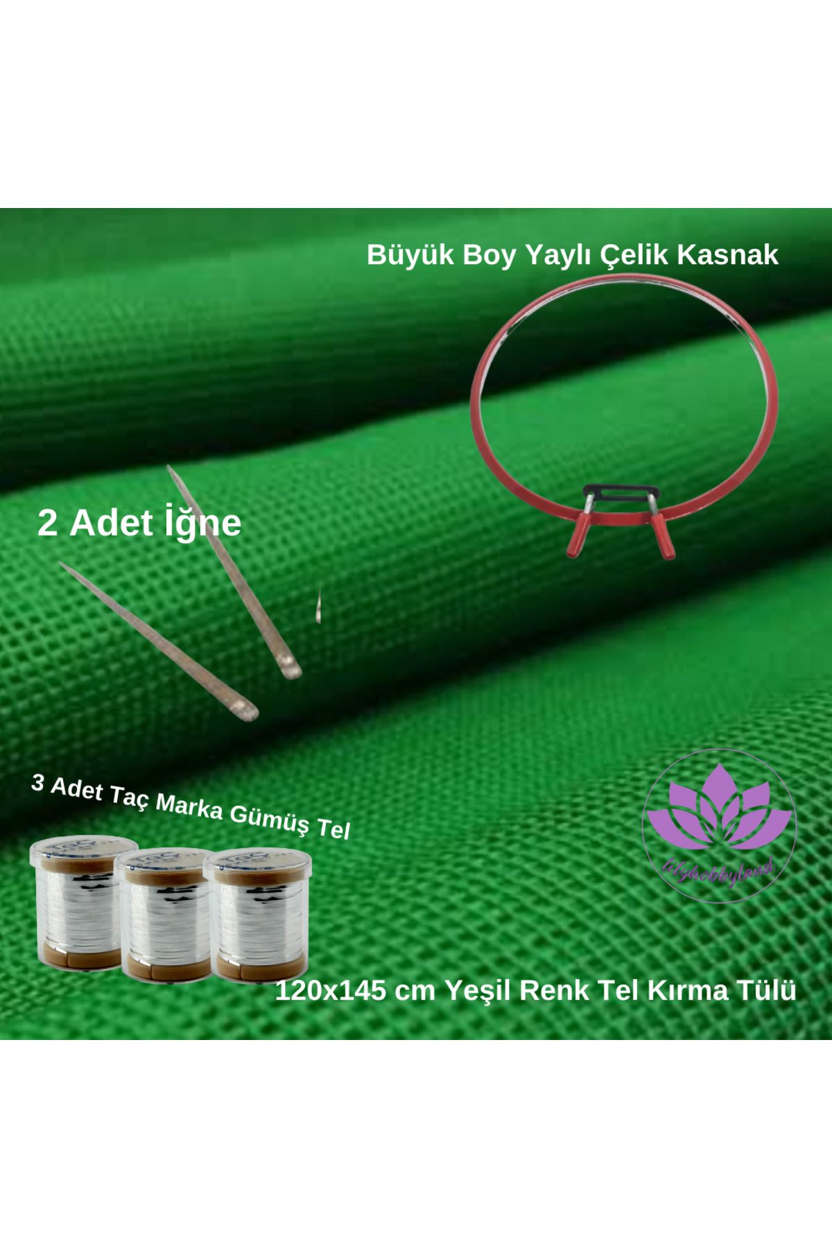 LİLYHOBBYLAND-Wire Breaking Henna Set (Green Color Square Tulle, 3 Pieces of Crown Wire Breaking Wire and Large Spring Pulley) 1