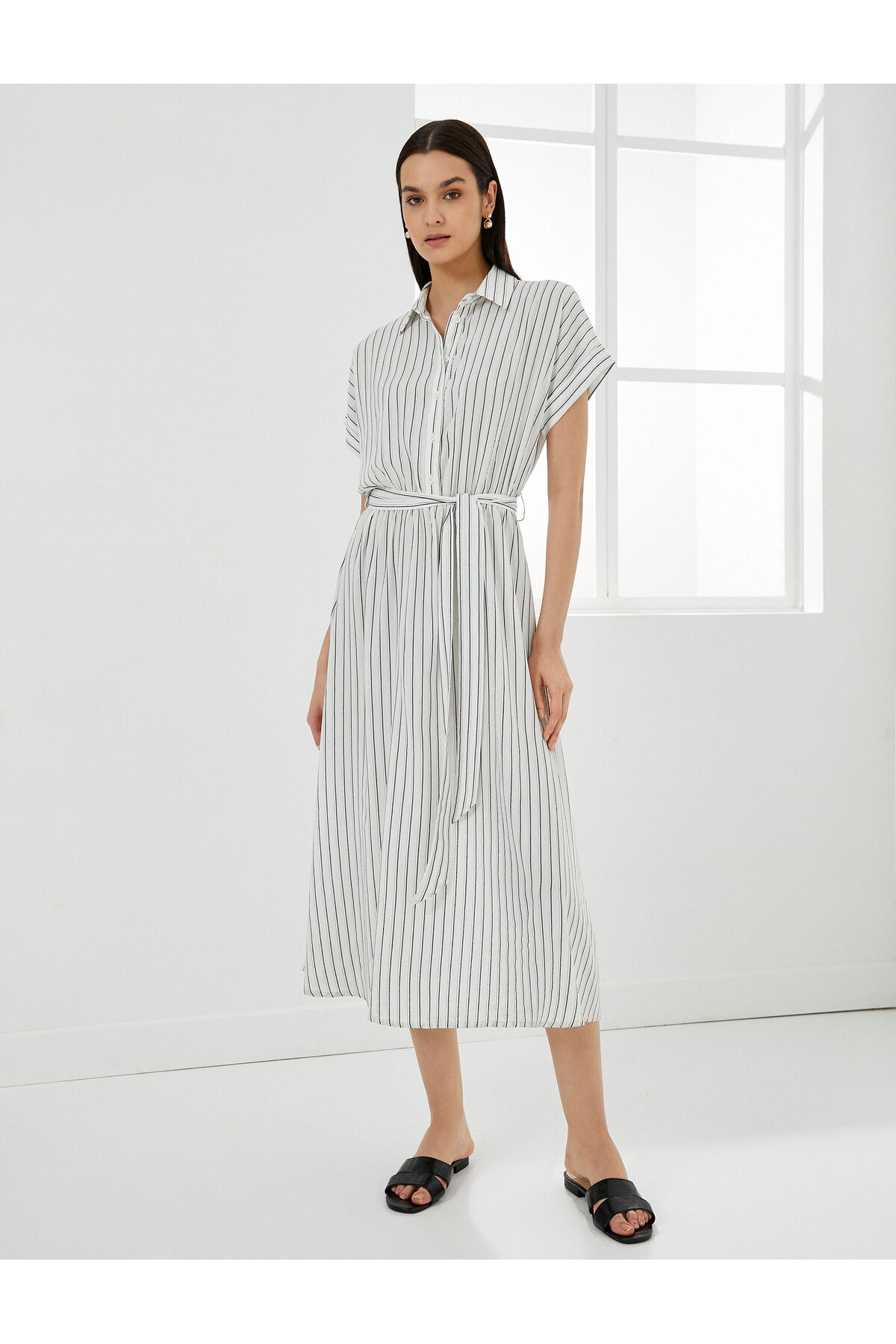 پیراهن میدی آستین کوتاه کمربند ویسکوز