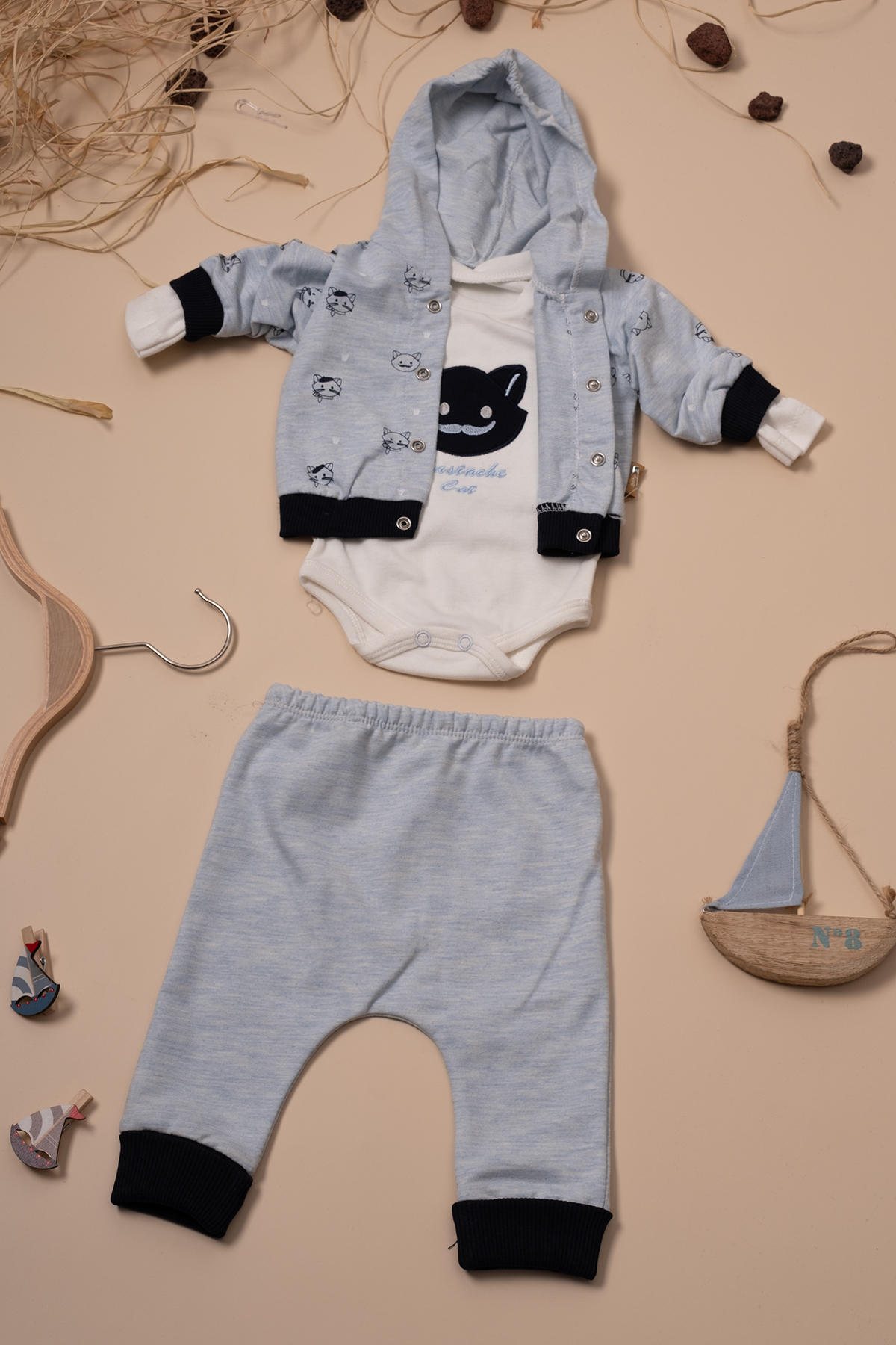 Erkem Çıtçıtlıtakım Cat Printed Baby Suit 0-3 3-6 6-9 Months