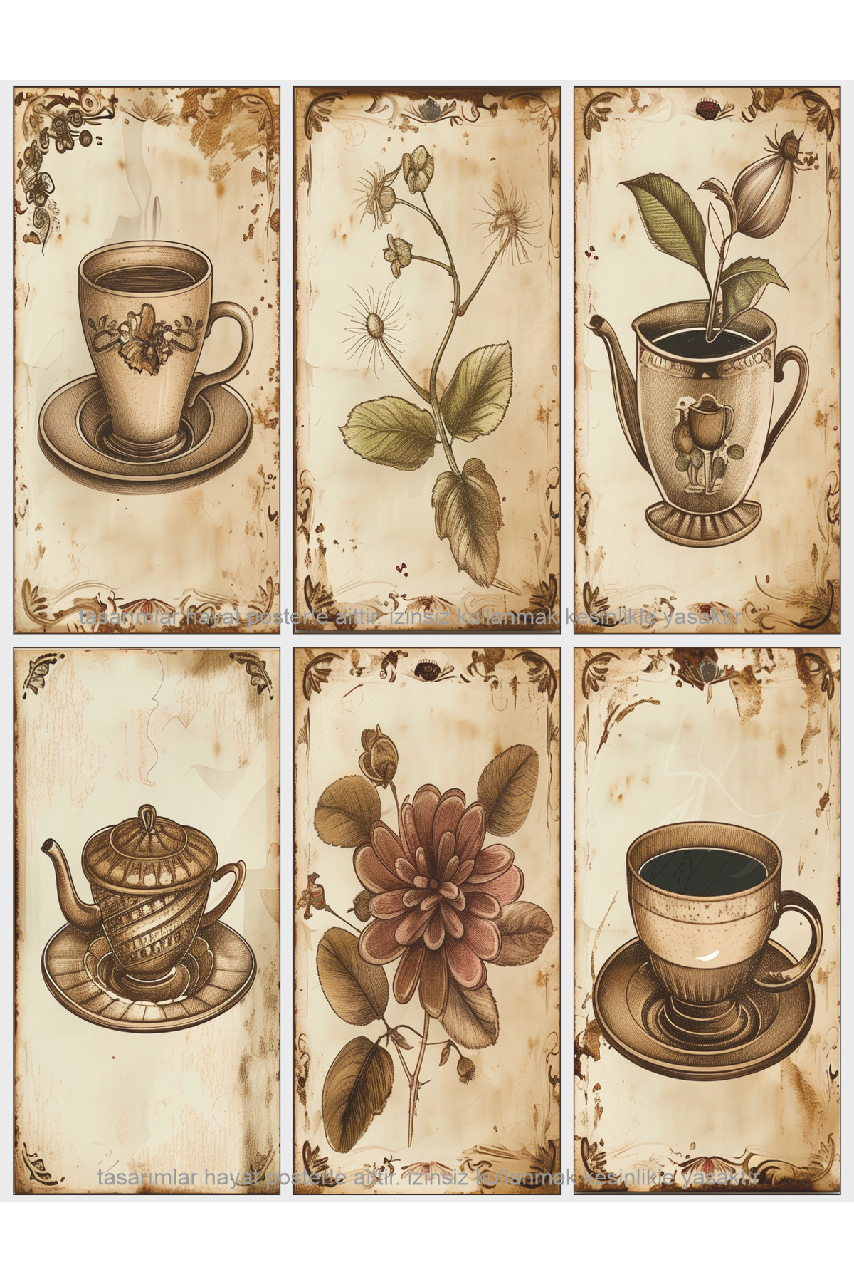 tea leaf flower plant tea cup kitchen cafe bar decor table set of 6 mini retro wooden posters