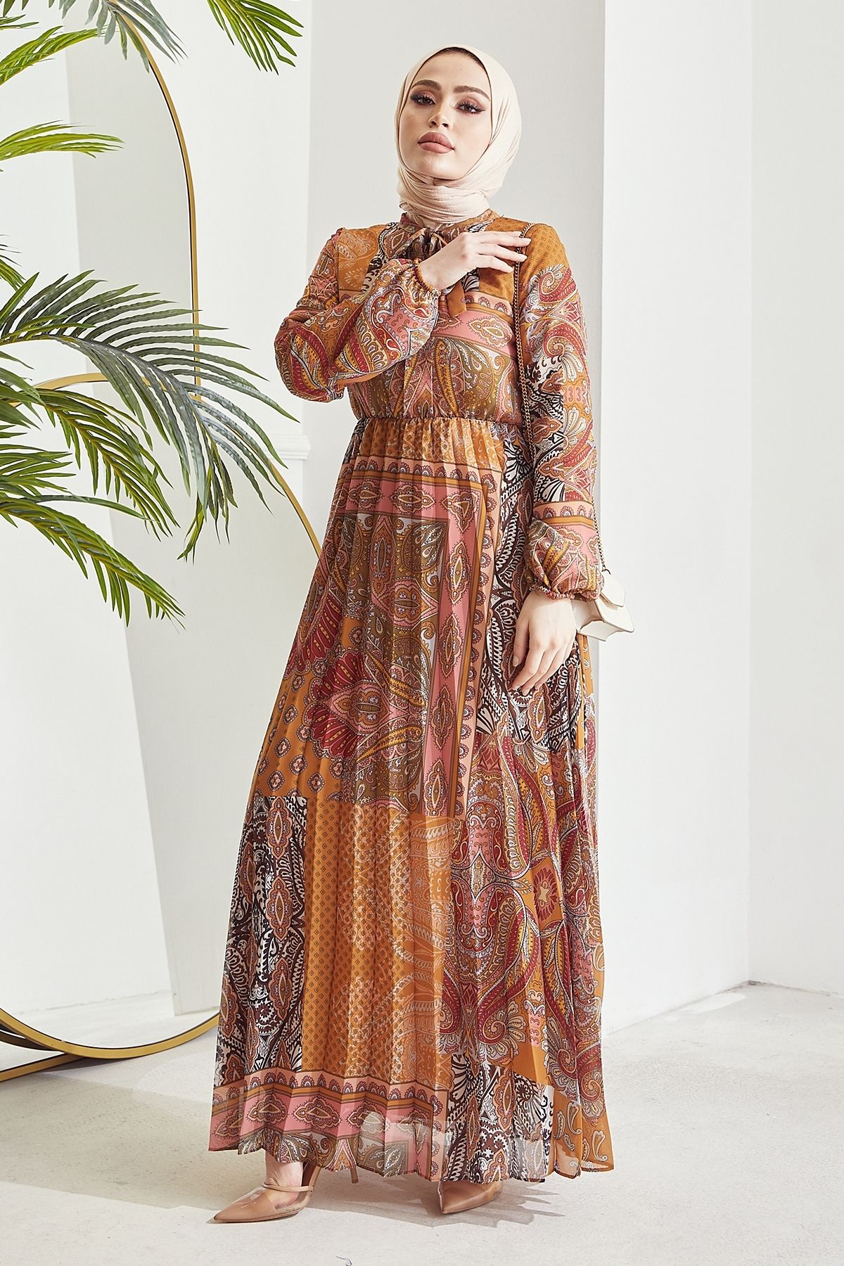 InStyle-Rochie Hijab din șifon plisat cu model șal Elinor - muștar 4