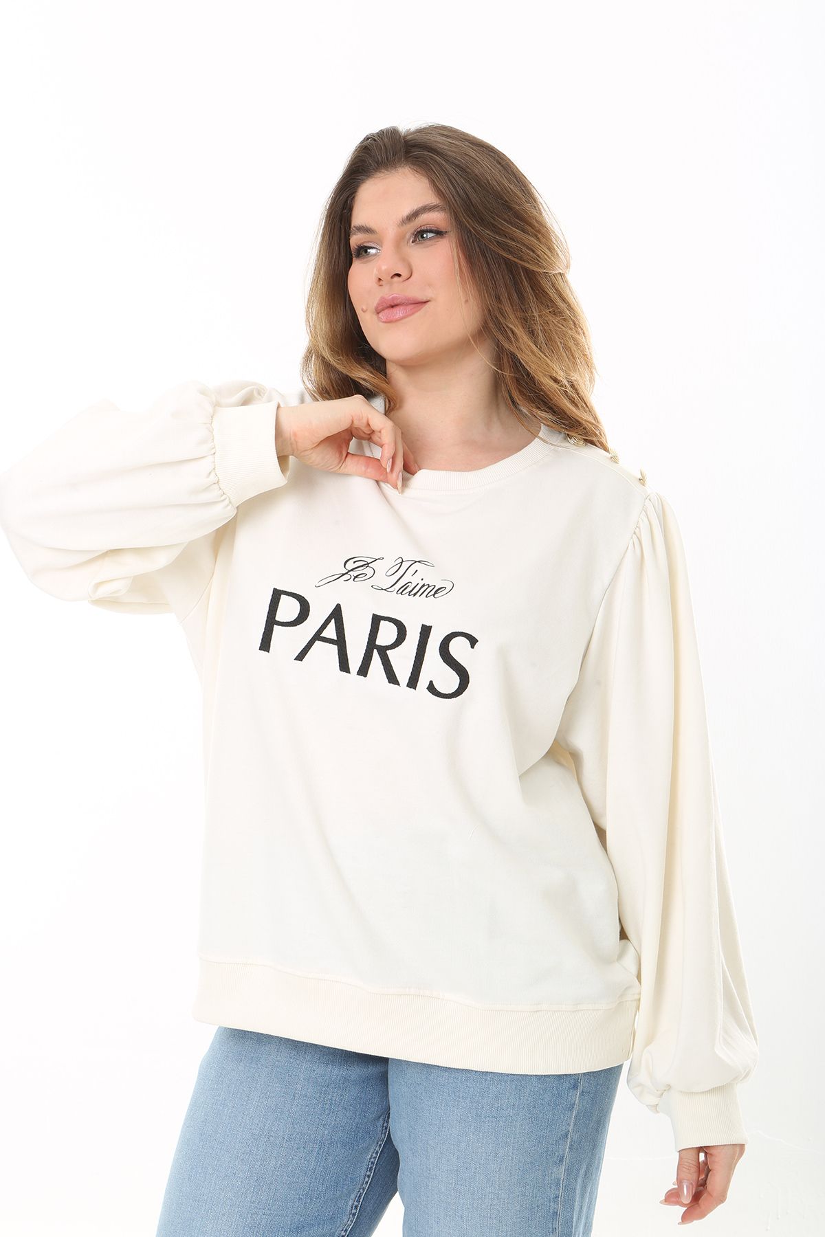 Şans-Women's Large Size Bone Shoulder Gathered Embroidery and Ornamental Button Detailed Sweatshirt 65N37526 4