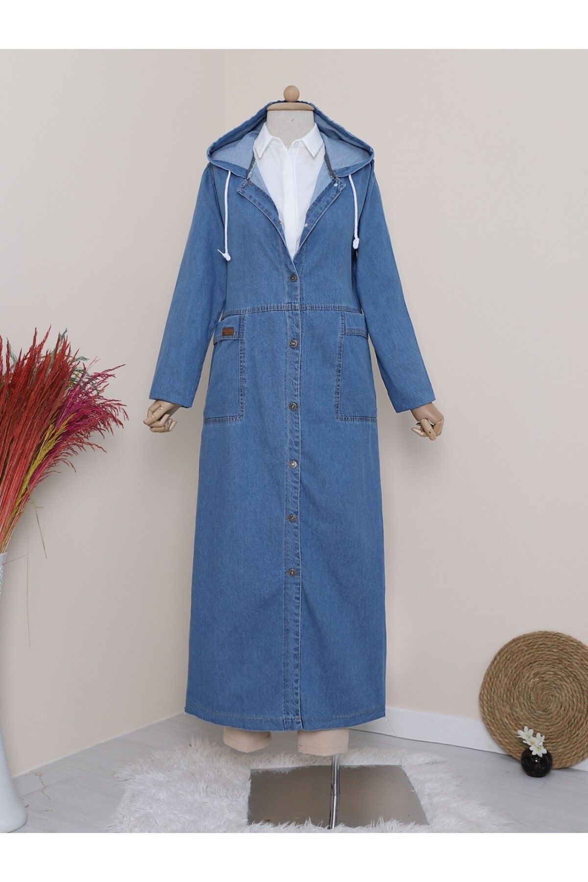 Modamorfo Double Pocket Buttoned Hooded Long Denim Coat Trendyol