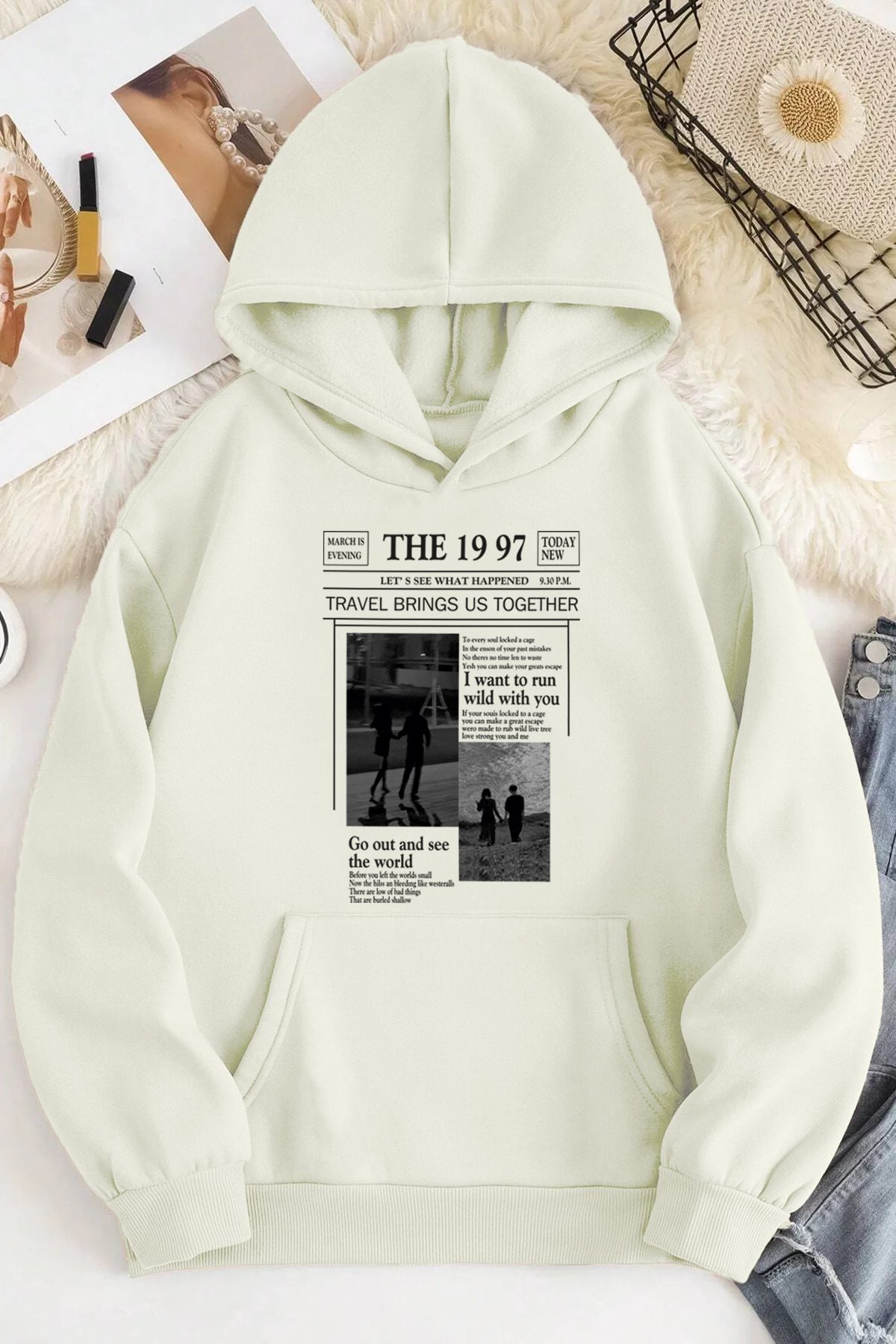 mw memowear  Unisex 2ip Şardonlu The Travel 1997 Baskılı Ekru Sweatshirt