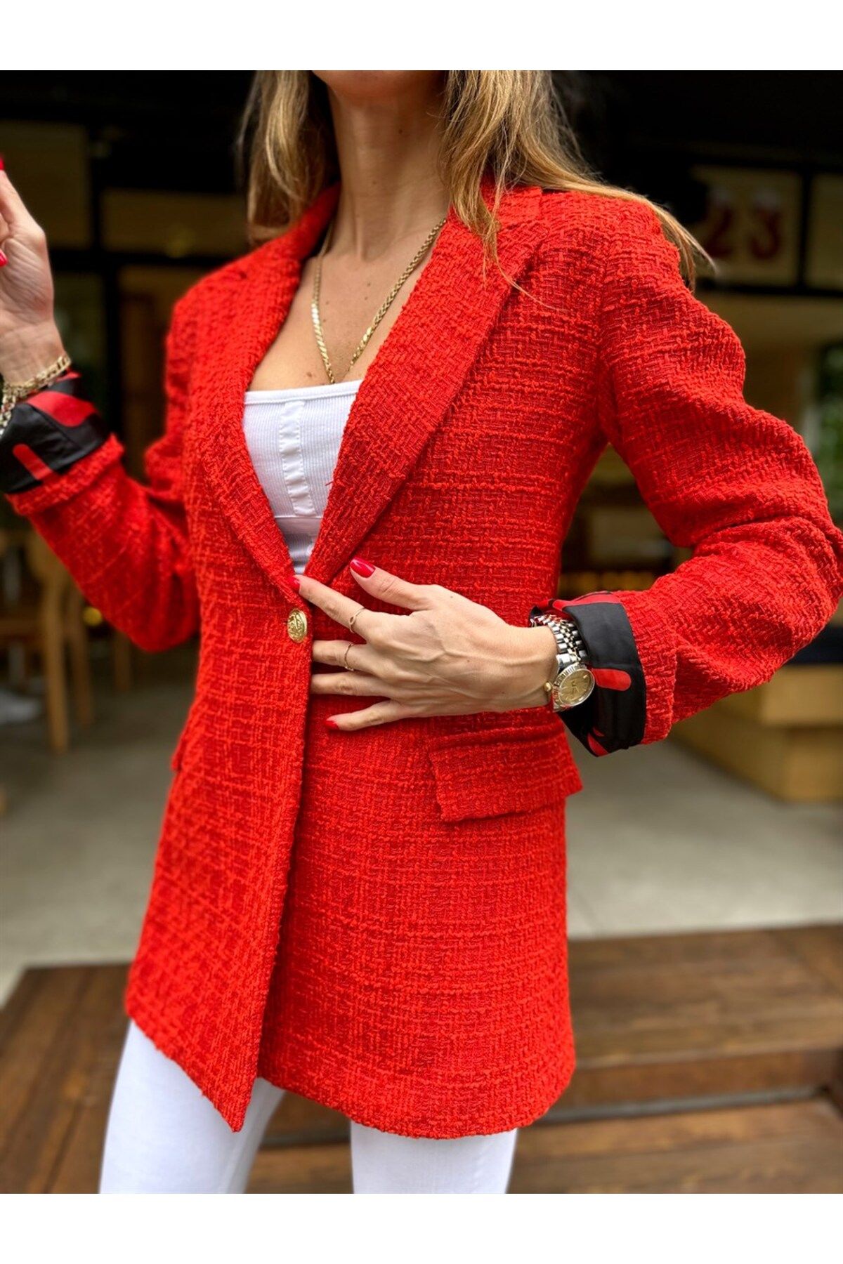 Womens red sales tweed blazer