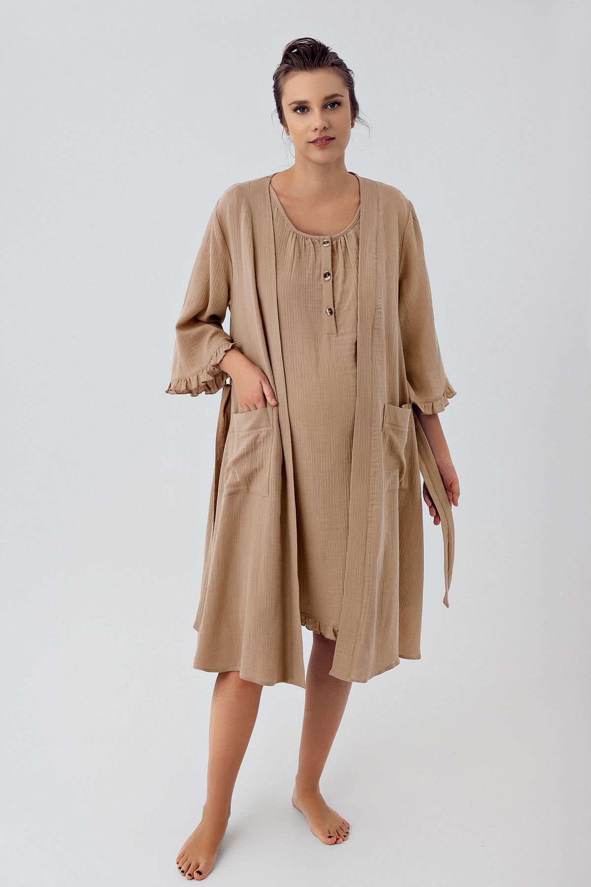 Artış-Double Layer Muslin Cotton Buttoned Maternity Dressing Gown Nightgown Set 3