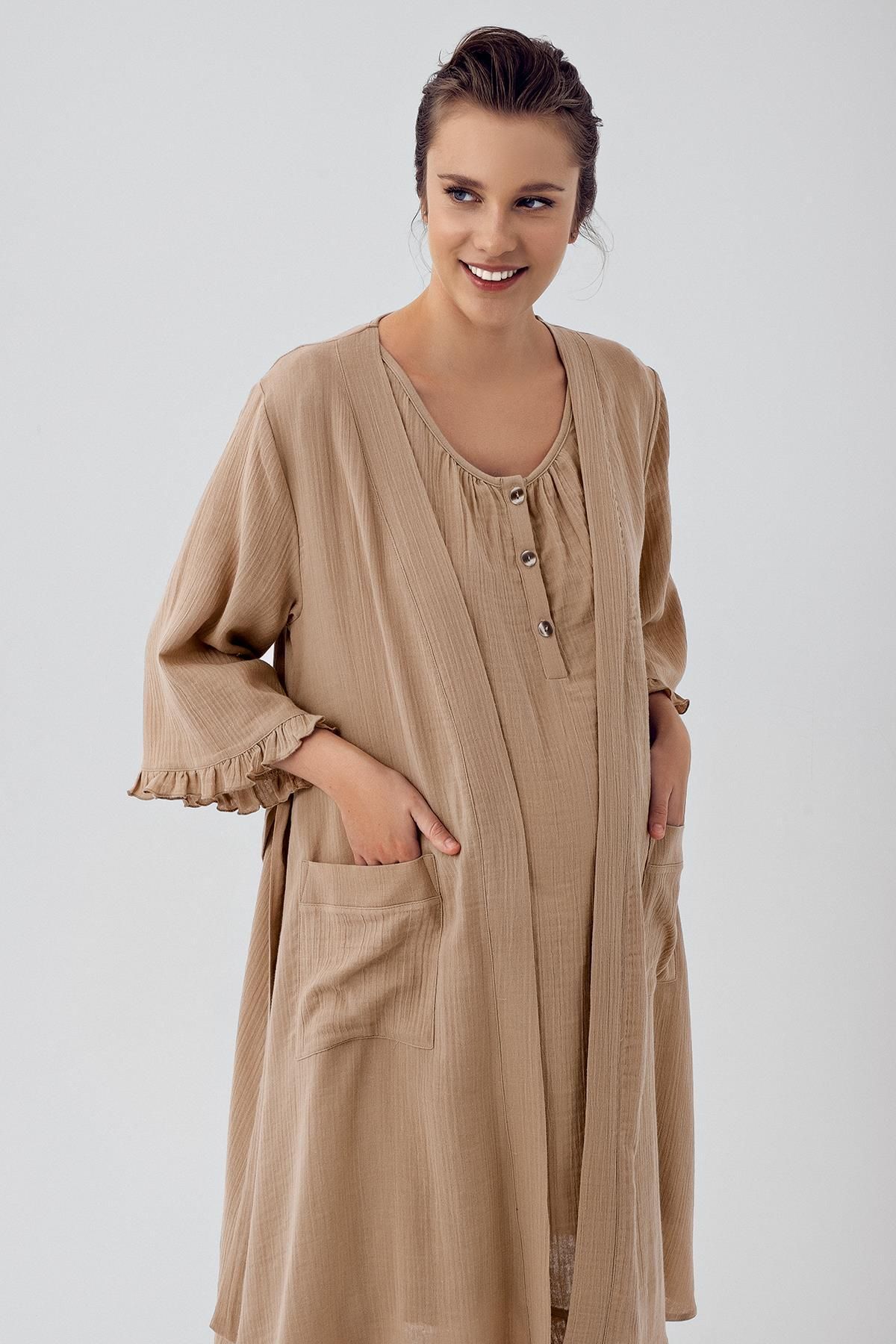 Artış-Double Layer Muslin Cotton Buttoned Maternity Dressing Gown Nightgown Set 4
