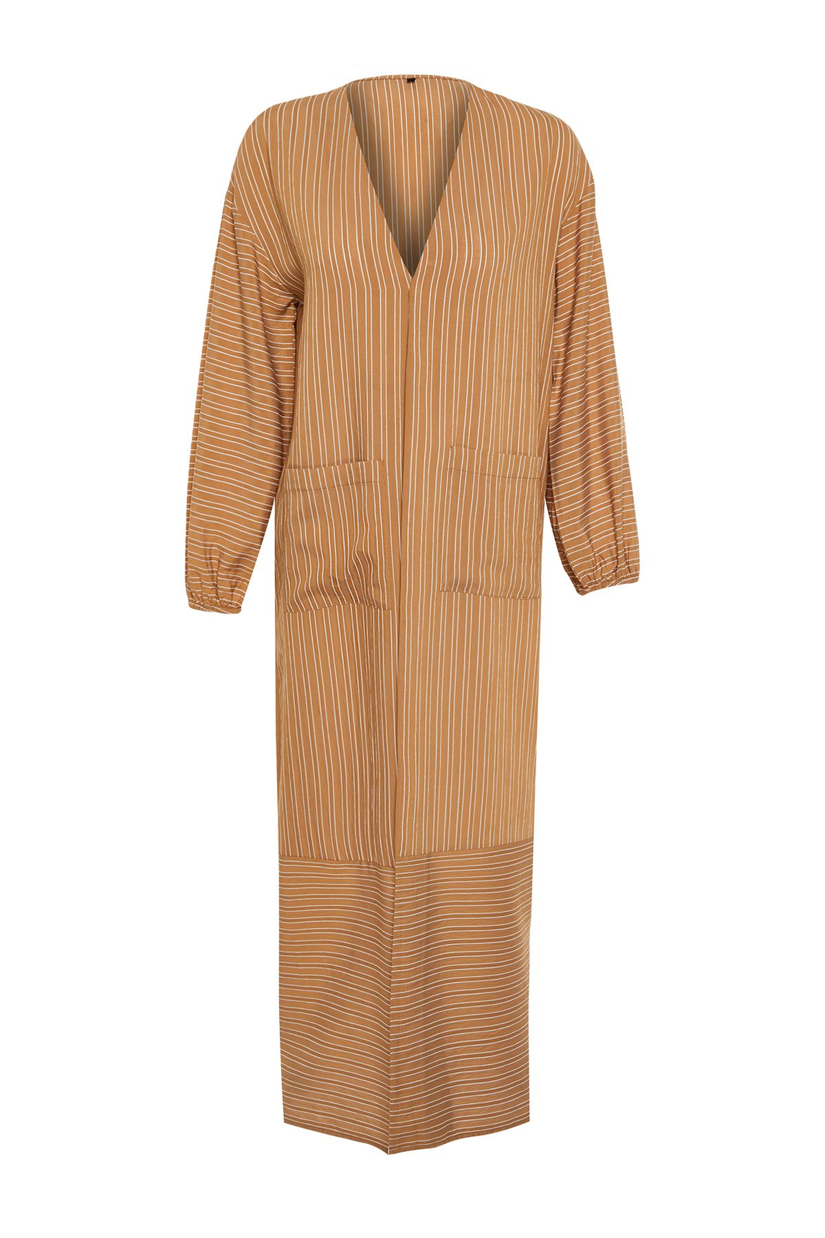 Trendyol Modest-Camel Long Linen Look Pruhovaná tkaná čepice &amp; Ferace &amp; Abaya TCTSS24KF00003 9