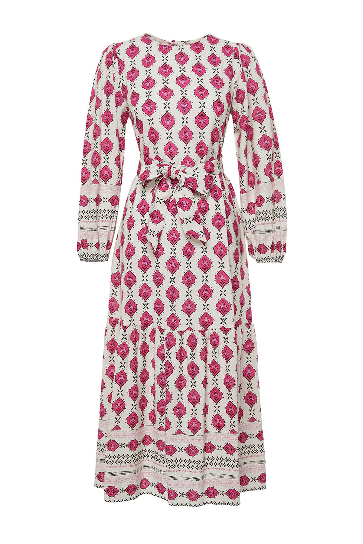 Trendyol Modest-Gewebtes Kleid in Leinenoptik mit ethnischem Muster in Fuchsia TCTSS24EB00062 7