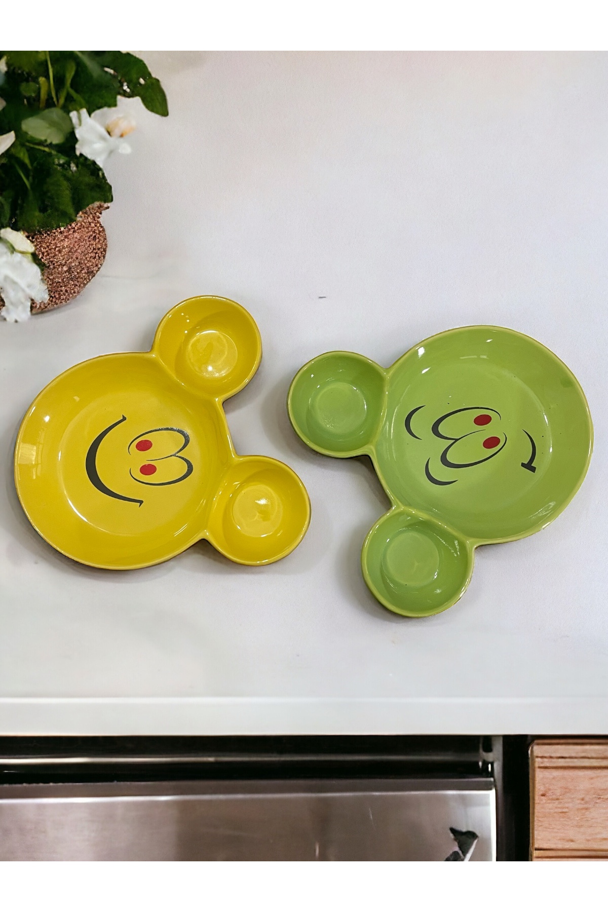 Artistic Quality Eğlenceli, Gülen Yüz Emojili Çocuk Mama, Yemek, Kahvaltı Ve Pasta Tabağı 2 Adet Sarı-yeşil fotoğrafı 2 (önizleme)