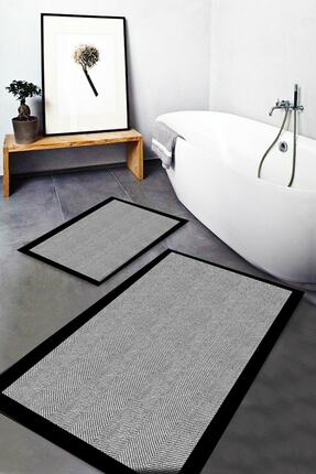 MABEBA TEKSTİL Siyah Gri Desenli Yıkanabilir Kaymaz Taban 2li Banyo Halısı Pa...