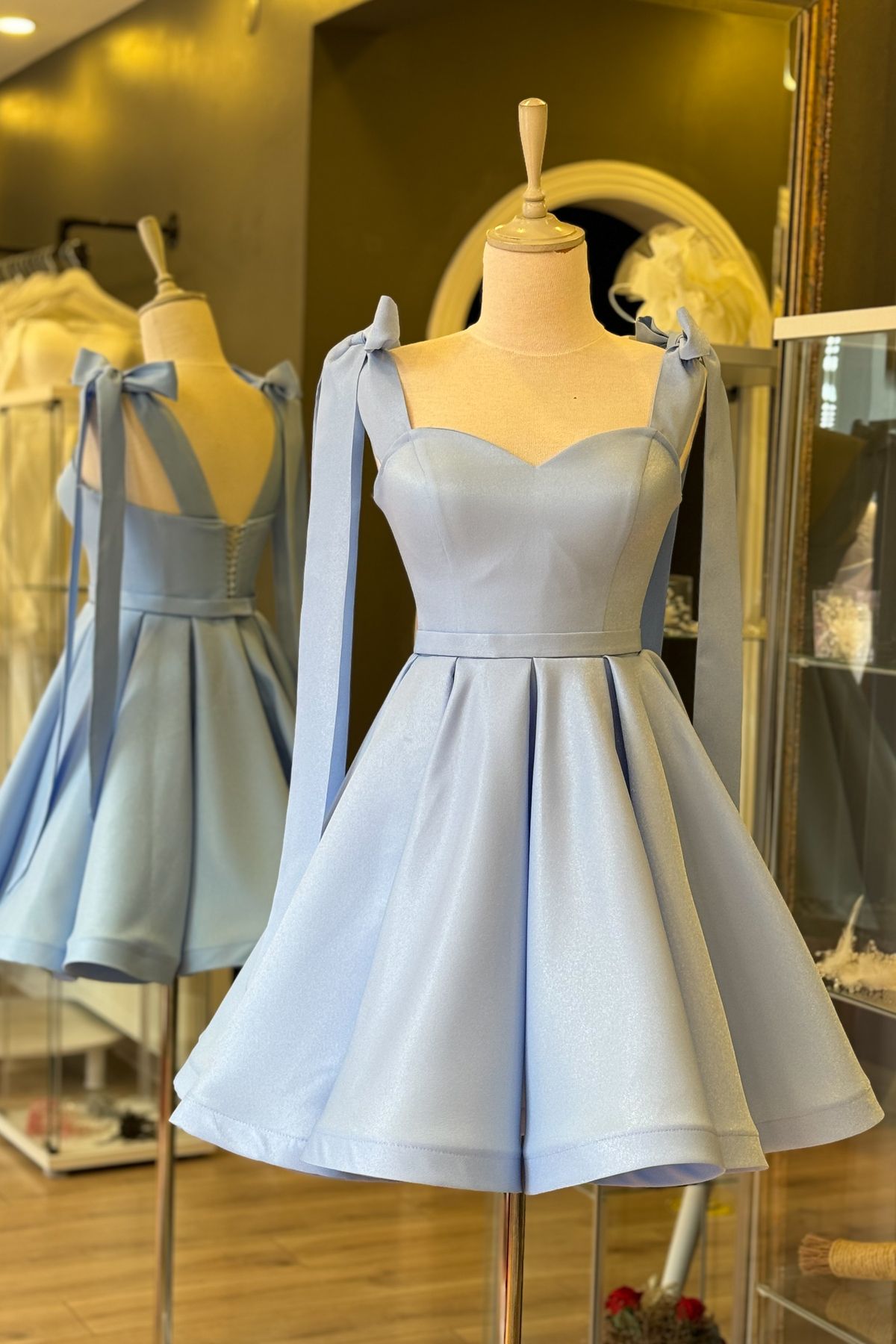 Lenta Moda Ice Blue Off the Shoulder Mini Satin Evening Dress and Evening Gown Trendyol