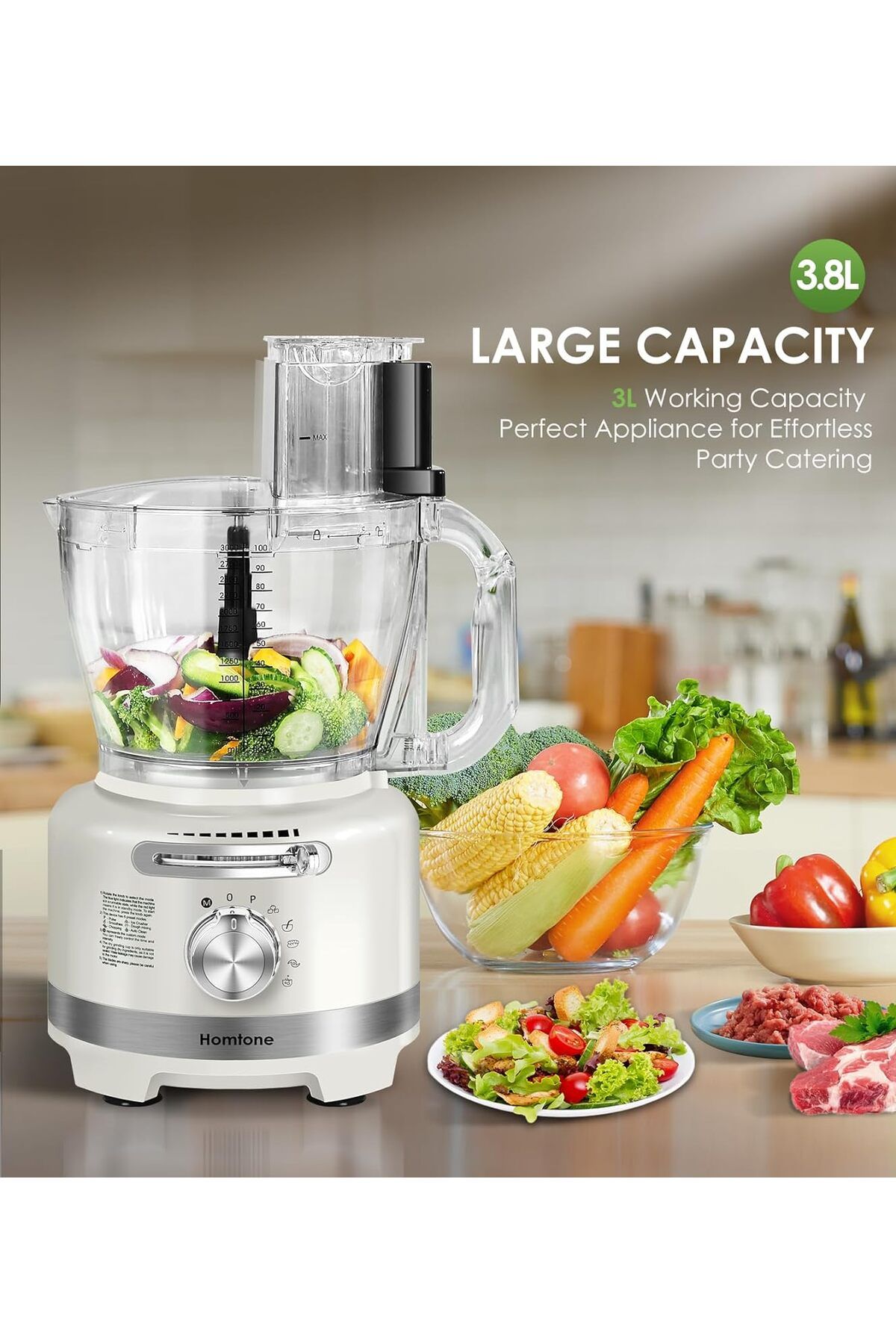 Homtone-1000W Power 10-Function Food Processor, 1.5L Glass Mixer and 3 L Capacity Bowl 3