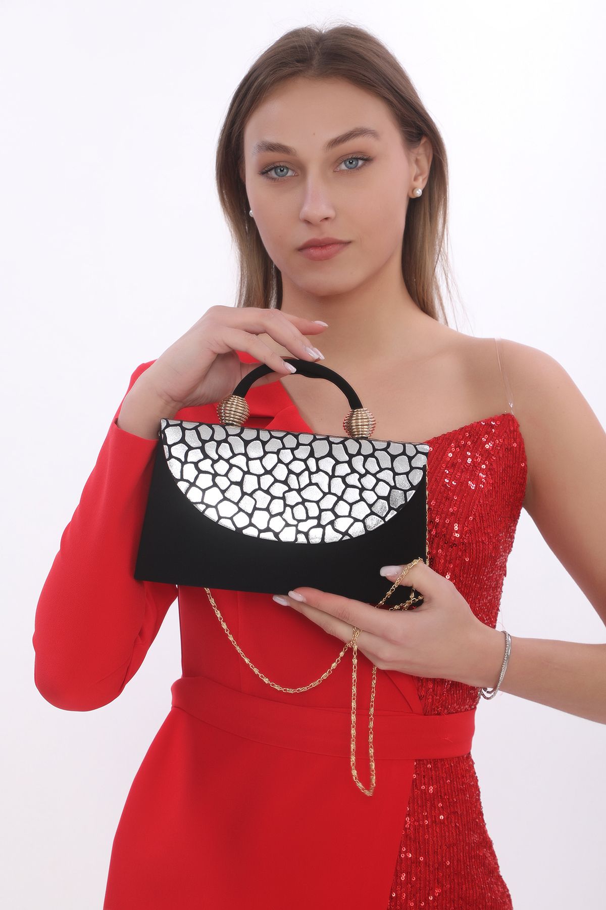womenacs-Culoare neagră din piele intoarsa argintie cu model de sarpe rochie de seara portofoliu de mana si curea lunga (curea cu lant) 5