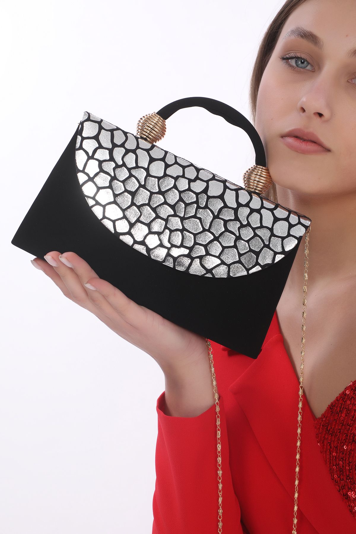 womenacs-Culoare neagră din piele intoarsa argintie cu model de sarpe rochie de seara portofoliu de mana si curea lunga (curea cu lant) 6