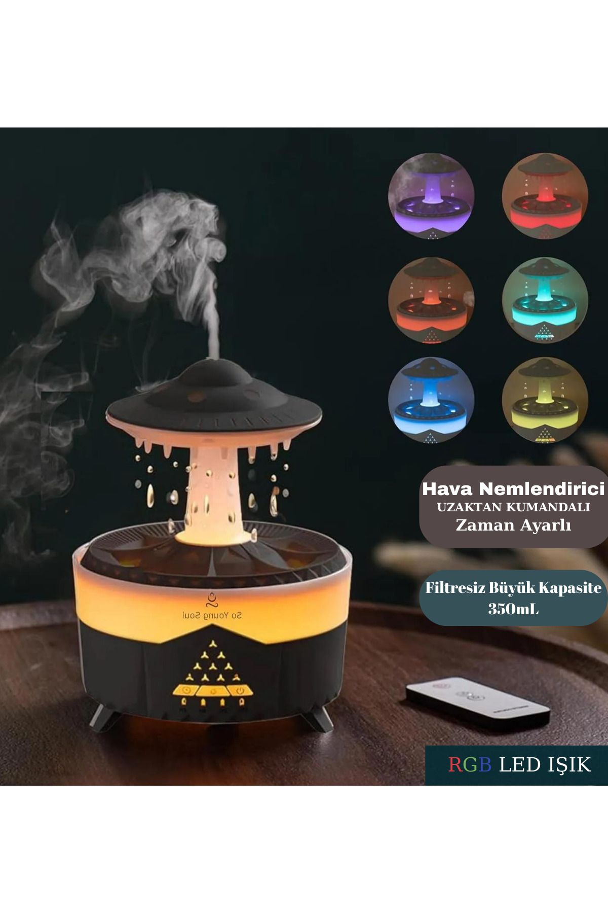 Yağmur Damlası Hava Nemlendirici Kumandalı Renkli Gece ışık Zaman Ayarlamalı Aromaterapı Difüzör