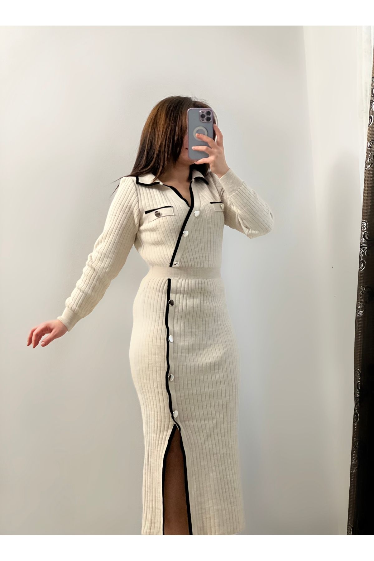 polo collar sweater trend dress fited patterned slit detailed stone colour