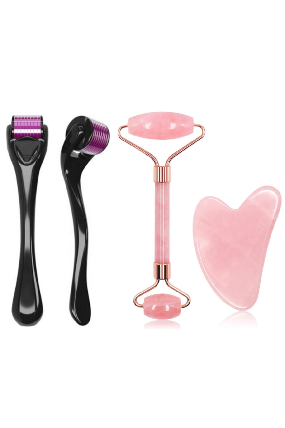 Welta Titanyum Uçlu 540 Iğneli Derma Roller 1 mm ve Pembe Kuvars Face Roller & Pembe Kuvars Kalp Gua Sha