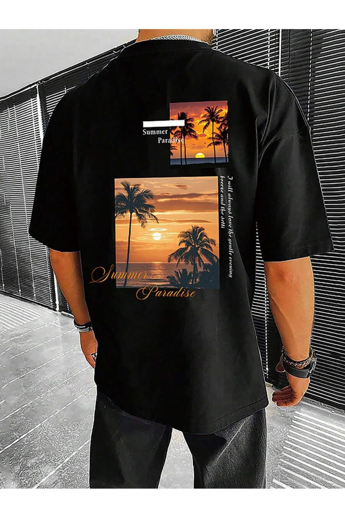 T-shirt- SUMMER paradise printed Oversized Crew Neck Short Sleeve BLACK T-SHIRT