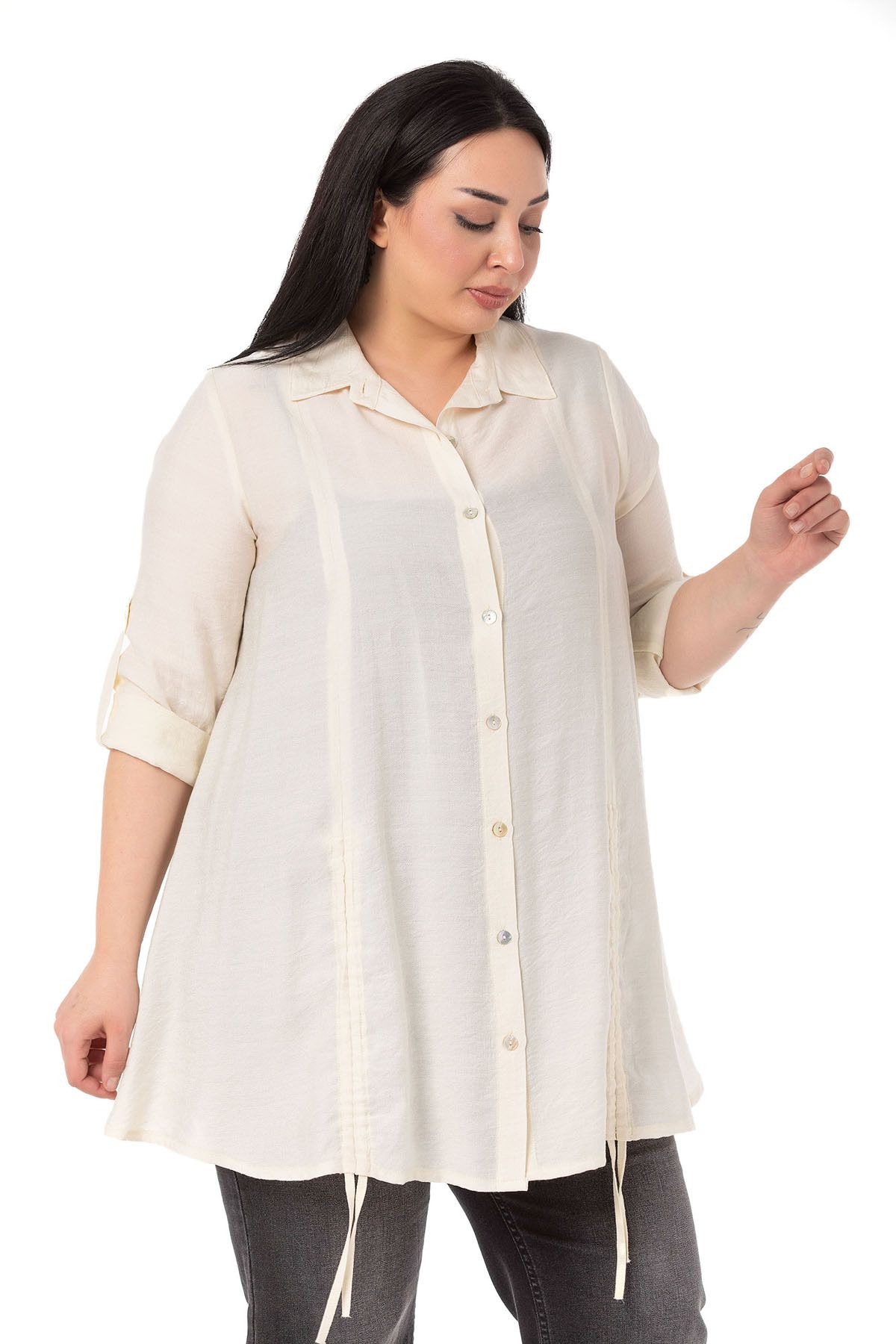 DISENTIS MODEST-Large Size Ecru Shirt with Folded Sleeves and Drawstring on the Bottom 2