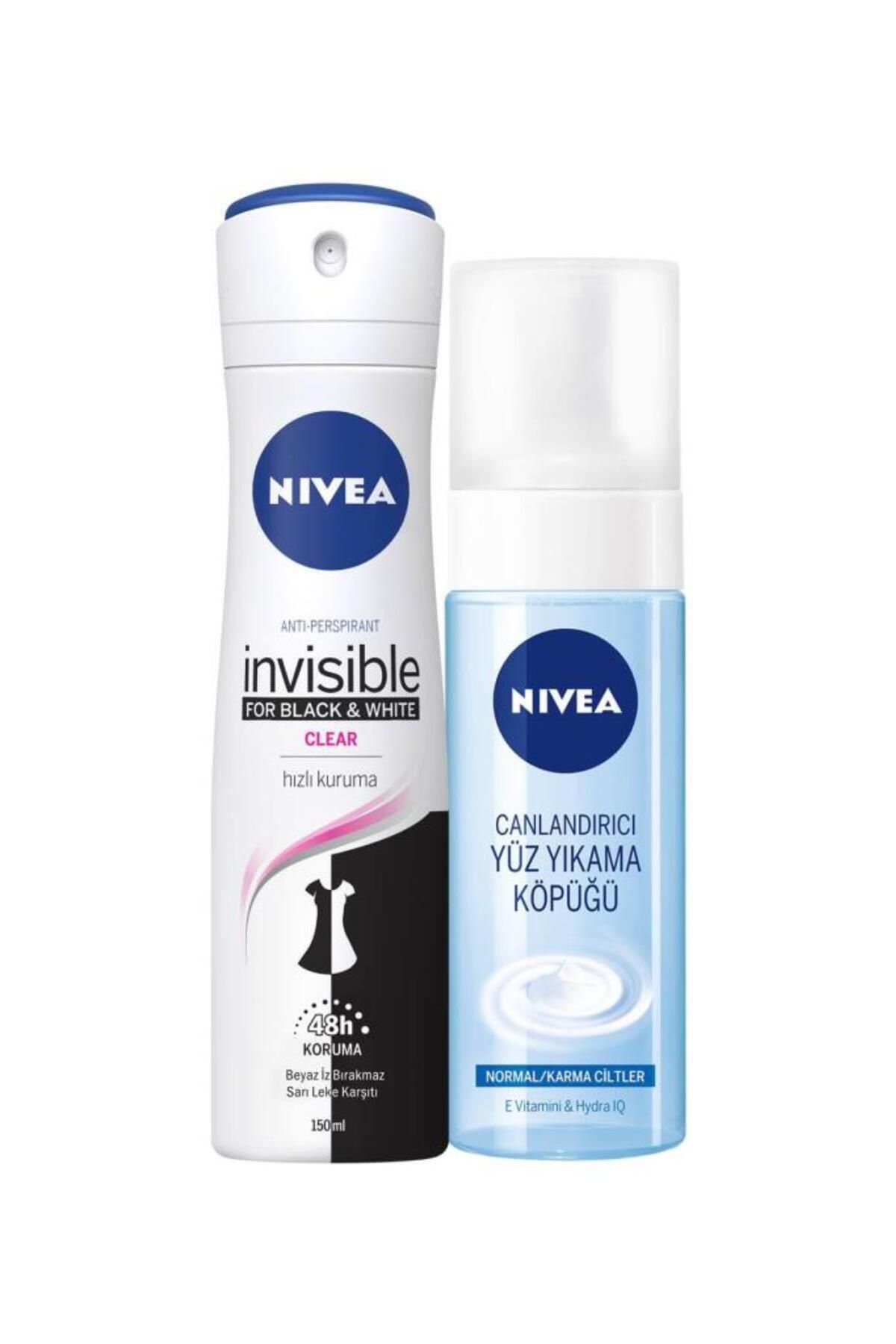 NIVEA Женский дезодорант-спрей Invisible Black&White 150 мл и очищающая пенка для лица 150 мл SET.NVE.005